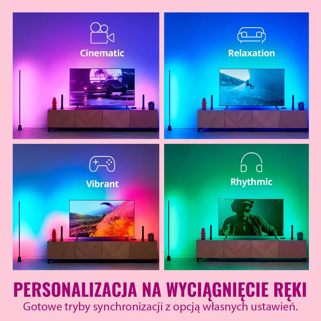 WiZ HDMI Sync Box z taśmą LED do TV, Synchronizuje światło z filmami, HDMI 2.0 4K 60 Hz, RGBIC 75-85 cali, Sterowanie Aplikacją/Głosowe, Google Alexa