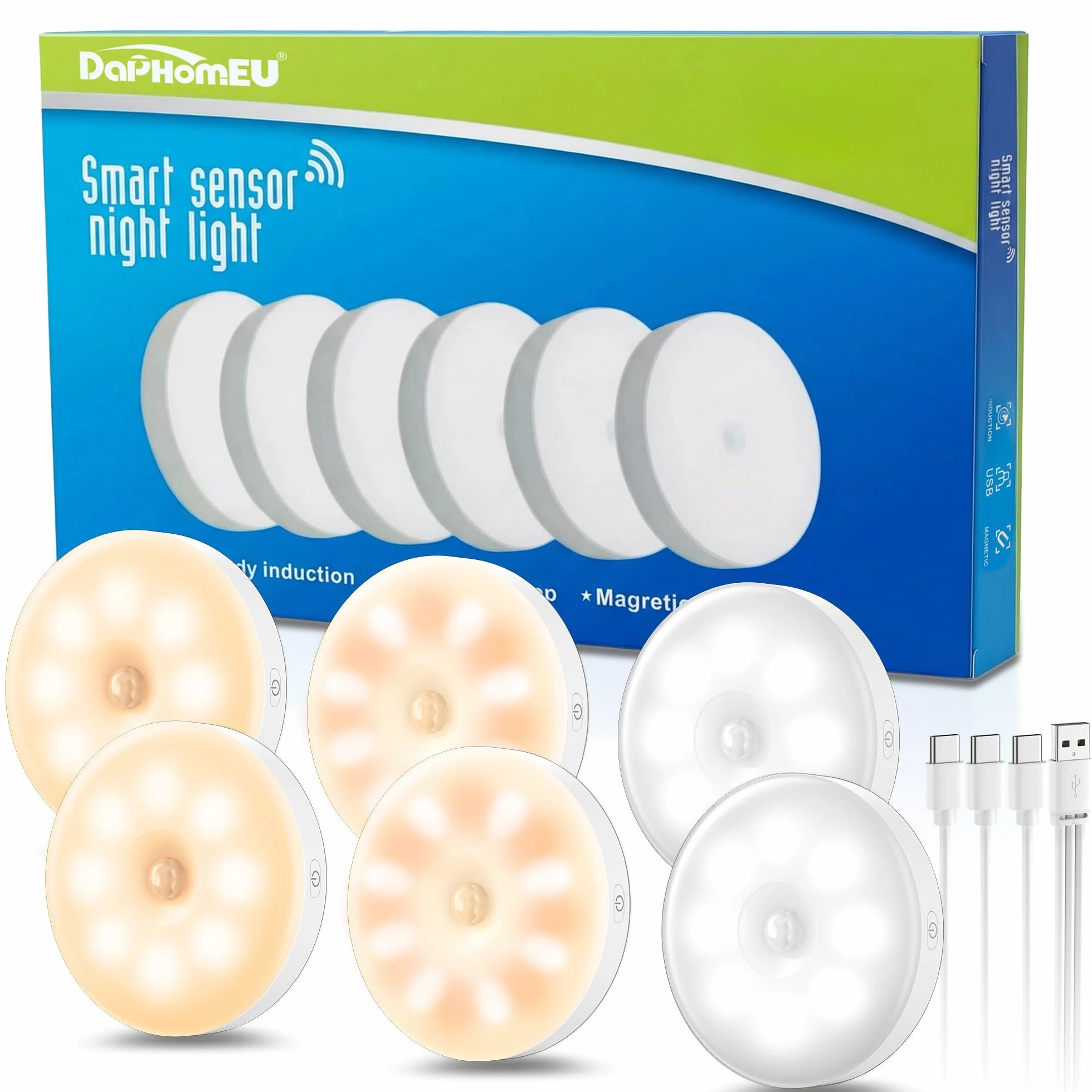 daphomeu Lampka nocna LED z czujnikiem ruchu USB 6 sztuk 3 tryby do korytarza schodów
