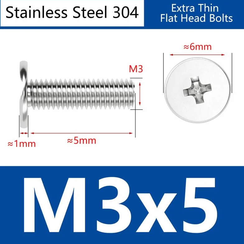 M3 x 5 (głowica 6) 50 Pcs Ekstra cienki Krzyż Śruby z łbem płaskim Stal nierdzewna 304 Niski profil Komputer Śruby maszynowe
