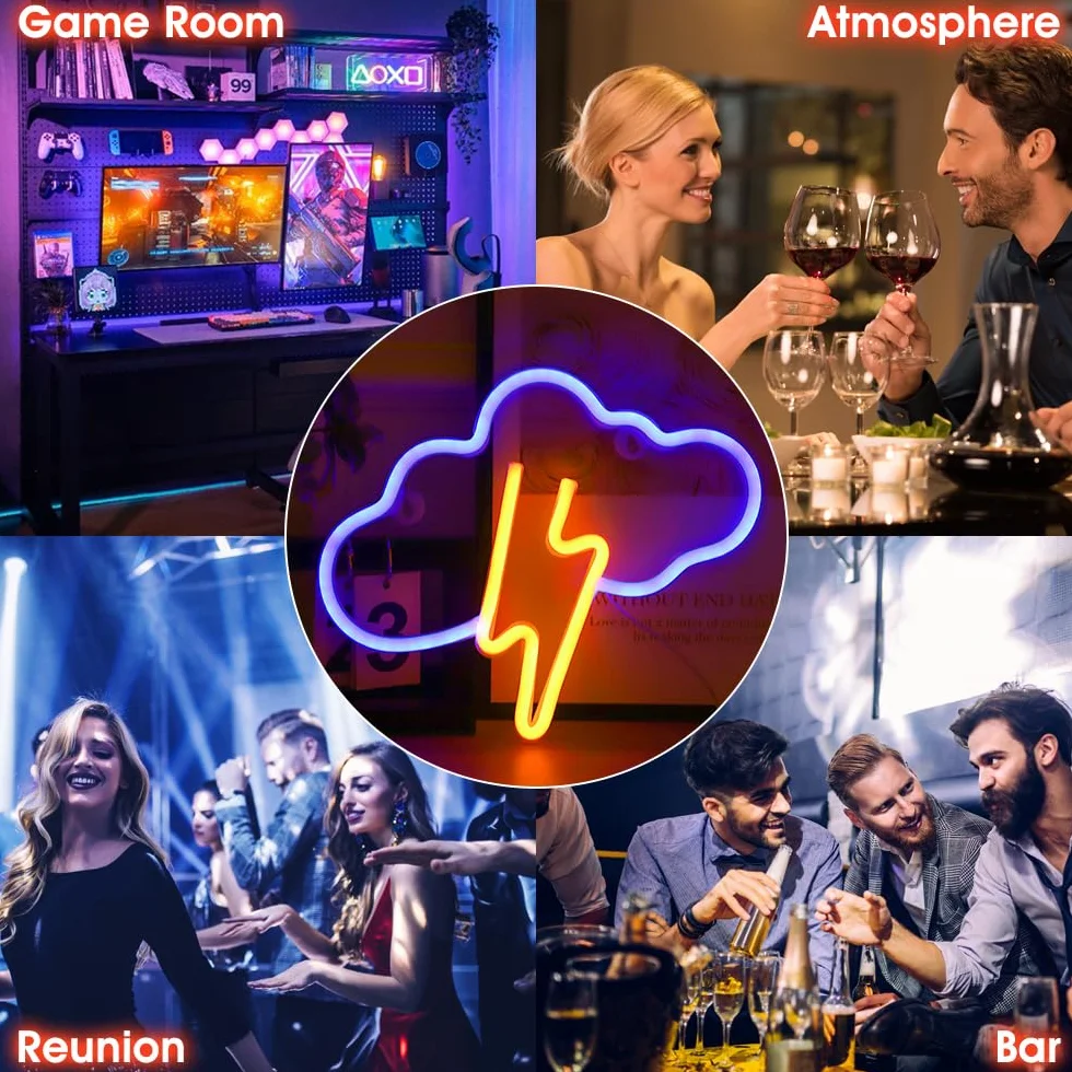 Foreverup Neonowy Znak Błyskawicy LED, Żółta Chmura Niebieski Neon, Światło do Salonu Pokoju Dziecięcego