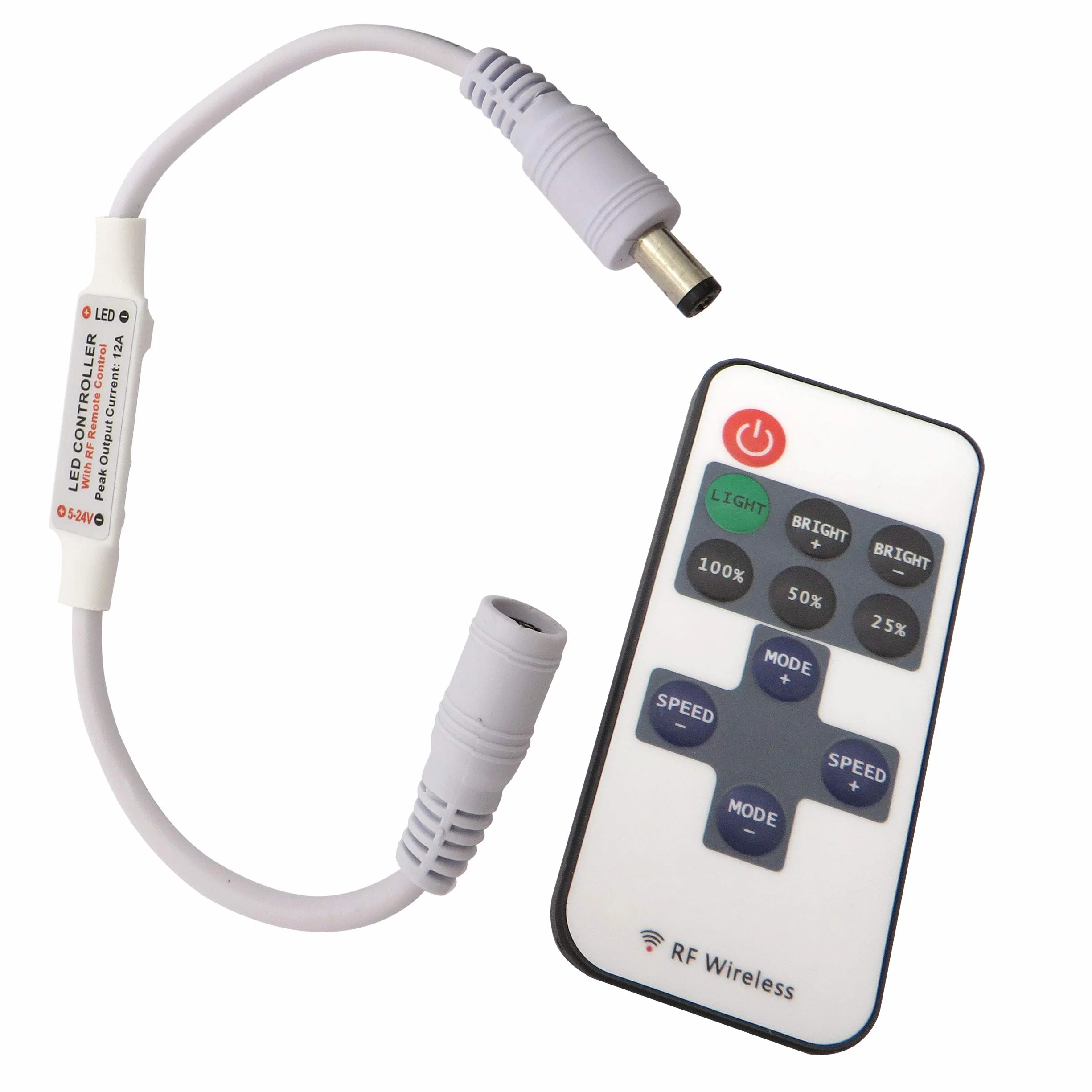 Bezprzewodowy ściemniacz/przełącznik LED, napięcie stałe 12 V DC, z pilotem zdalnego sterowania, do wszystkich ściemnianych lamp LED z wtyczką i gniazdem (sparowany pilot zdalnego sterowania)