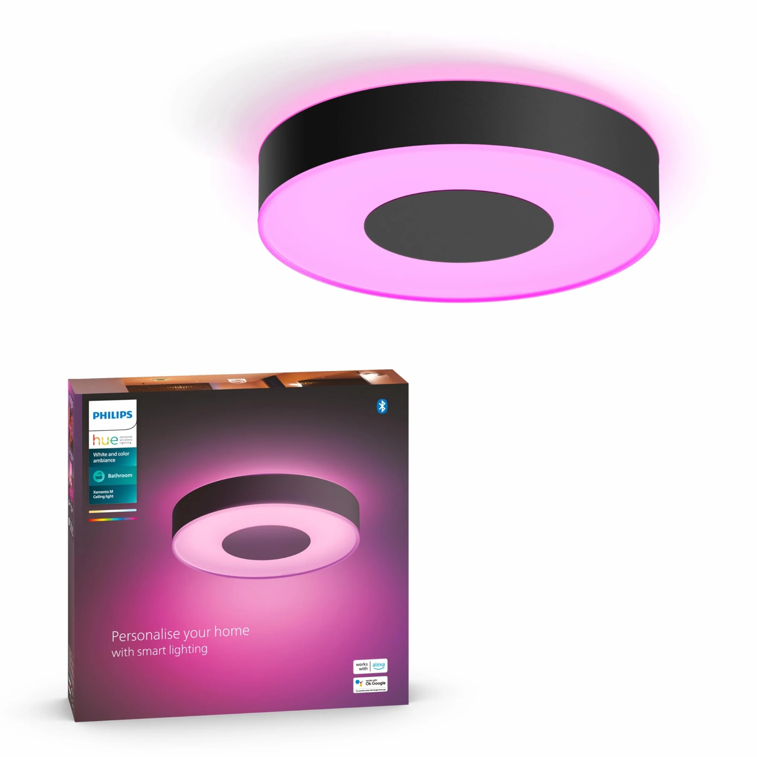 Philips Hue White and color ambiance Łazienkowa lampa sufitowa Xamento M (czarna), IP44, 16 mln kolorów, przyciemnianie, inteligentne oświetlenie
