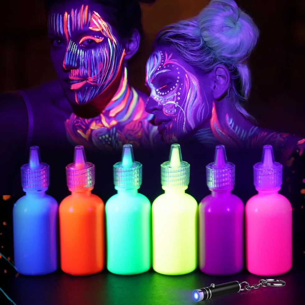 LOPHE Farba do twarzy dla dzieci, zestaw do malowania twarzy 6*30 ml, neonowa farba do twarzy z lampą UV, fluorescencyjne farby do twarzy i ciała, hipoalergiczny, makijaż UV Halloween Festival (zestaw