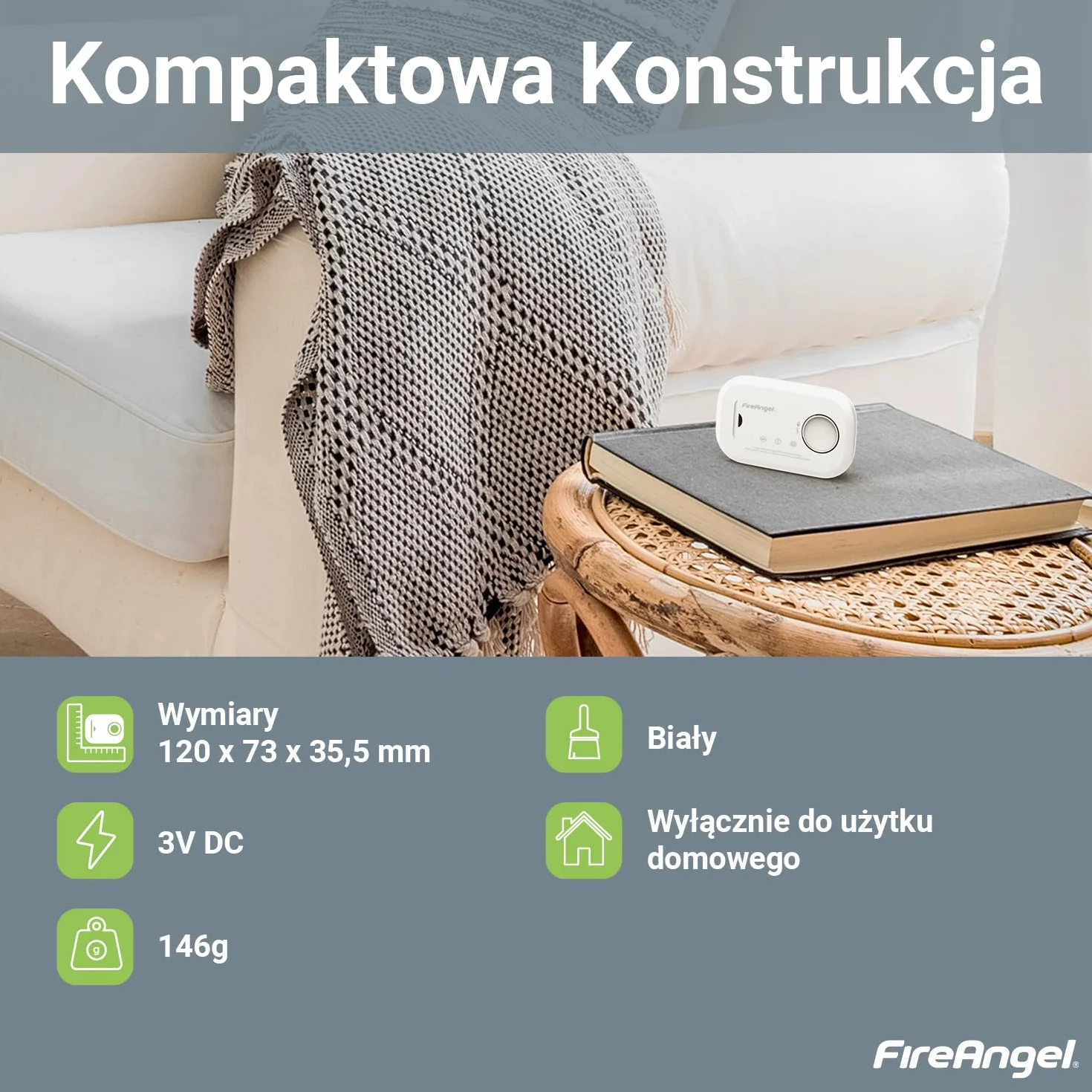 Fire Angel FA6813 Czujnik Czadu – Czujnik Tlenku Węgla Bateriami AA – Przenośna Podróżna Czujka Czadu z Alarmem – Detektor Tlenku Węgla z Funkcją Testu