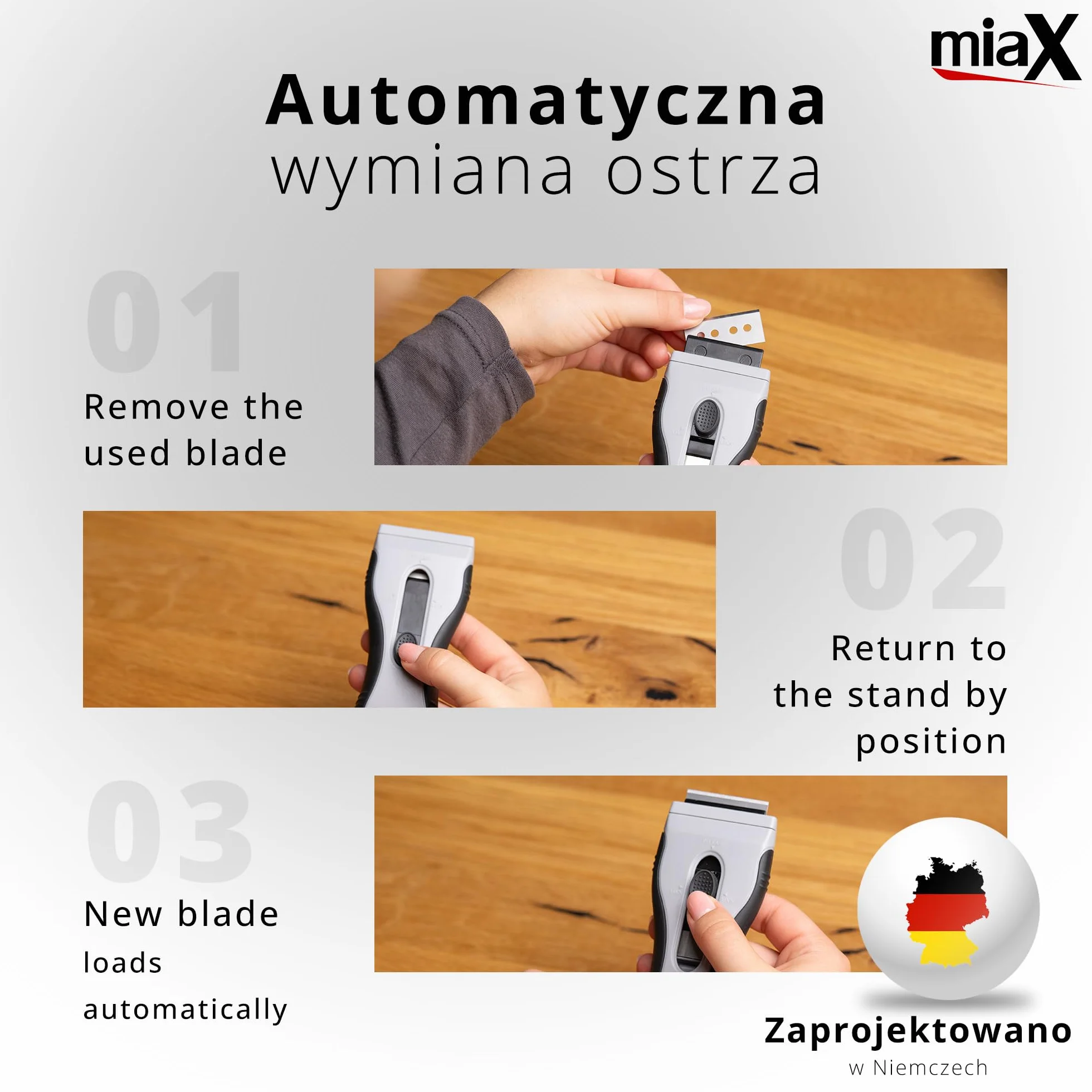 MiaX Premium Skrobak do Płyty Ceramicznej 2.0 – Ergonomiczny skrobak do szkła i płyt grzewczych z 8 wzmocnionymi ostrzami zapasowymi