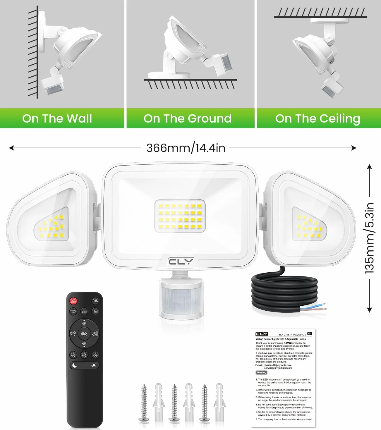 CLY Reflektor LED 42 W z czujnikiem ruchu, pilot zdalnego sterowania, 3600 lm, 6500 K, zimna biel, reflektor zewnętrzny z regulowanymi 3 głowicami, IP66, wodoszczelny, do garażu, tarasu