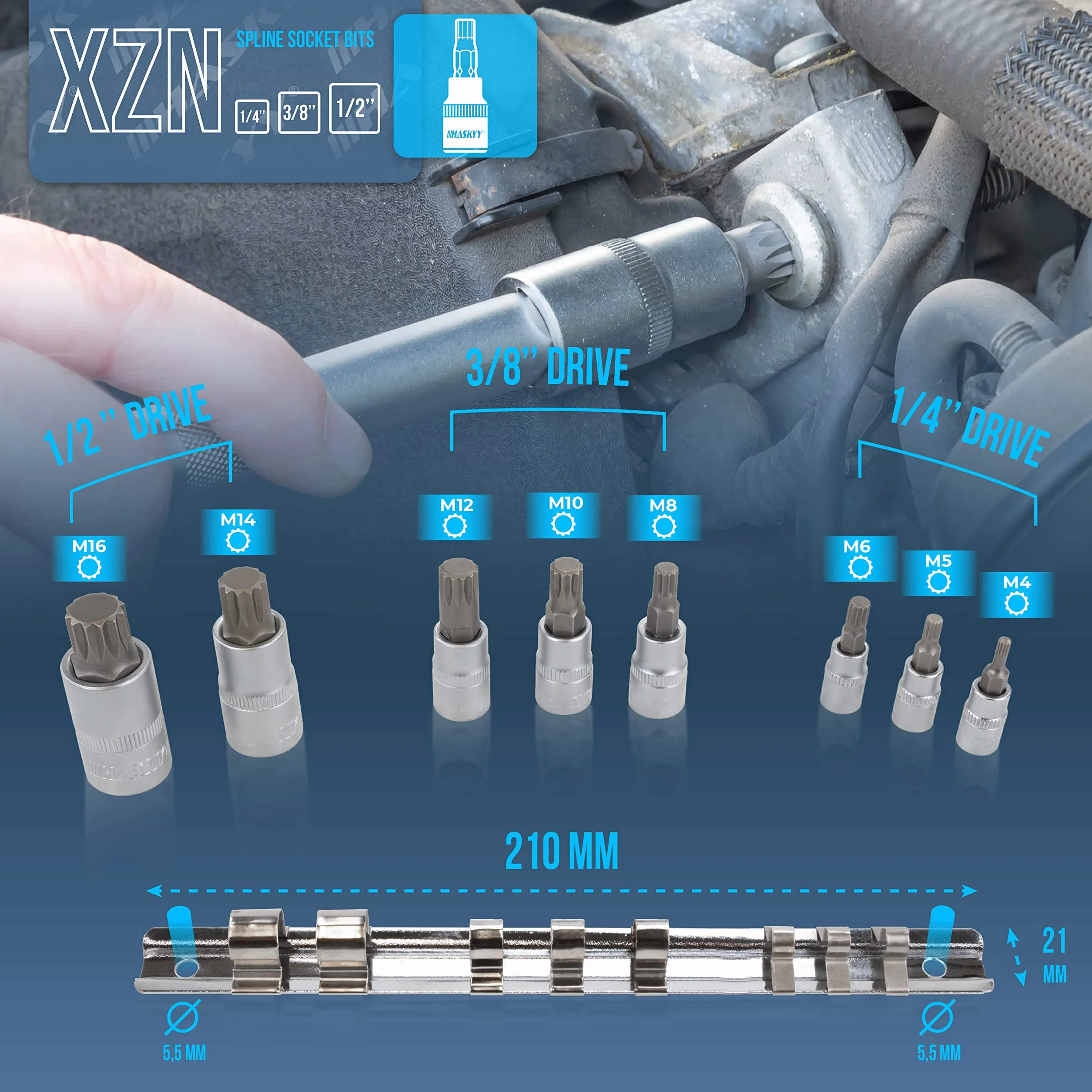 Zestaw nasadek Spline 8-częściowy M4-M16 1/2 3/8 1/4 ze stali chromowo-molibdenowej