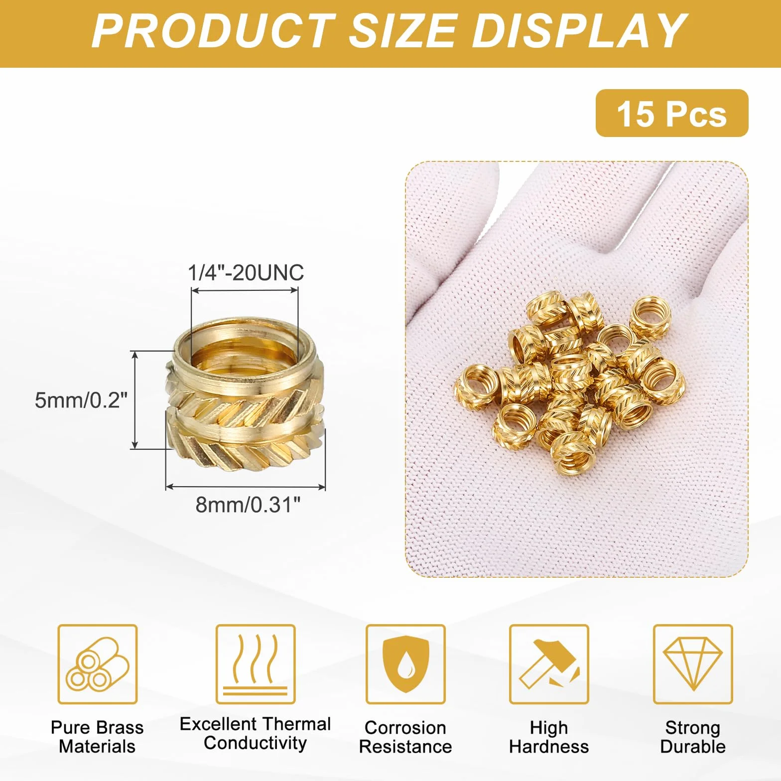 QUARKZMAN 15 sztuk wkładek gwintowanych, 1/4"-20UNC x 5 L x 8 mm średnica zewnętrzna czysty mosiądz nakrętka radełkowana gwint wewnętrzny wkładki lutownicze wkładki do lutowania termicznego nakrętka