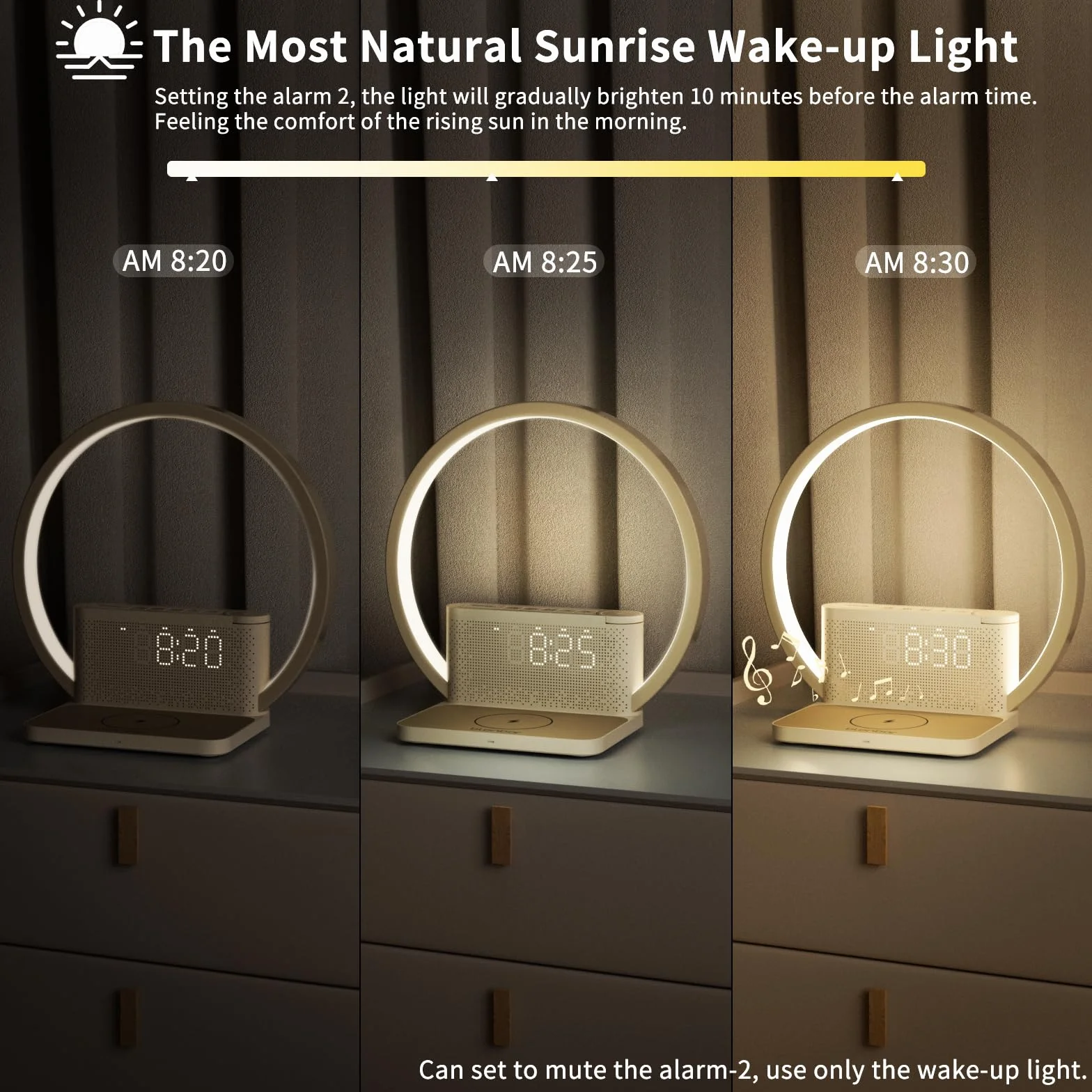 Blonbar Lampka nocna z budzikiem świetlnym Wake Up Light, bezprzewodowa ładowarka 10 W, dotykowa ściemniana, 3 poziomy jasności