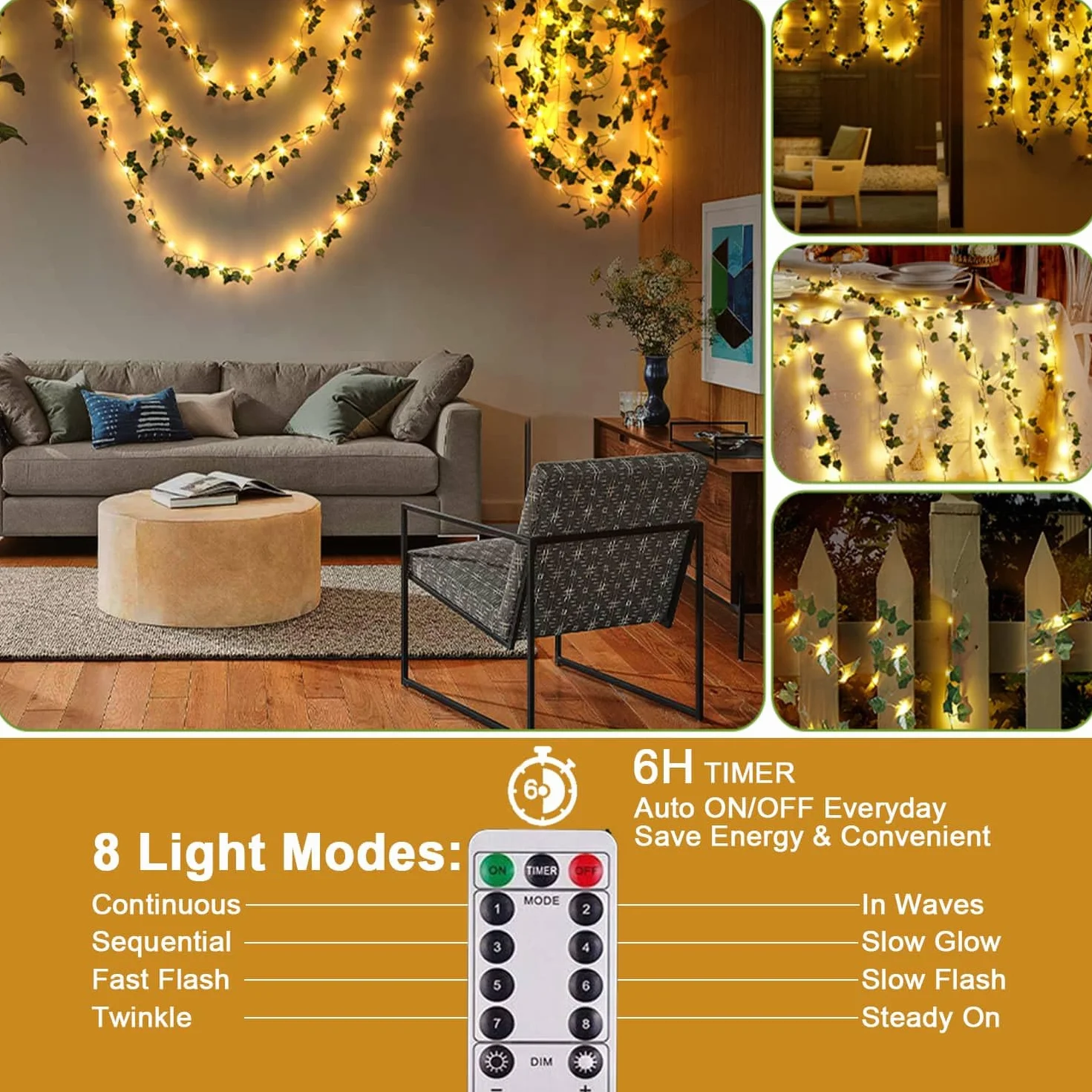 yowin Łańcuch świetlny z bluszczem 10 m, 100 diod LED, pilot zdalnego sterowania, timer, 8 trybów