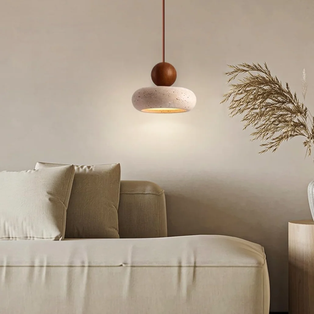 Lampa Wisząca z Trawertynu LED Styl Wabi-Sabi Drewno Okrągła Żyrandol Kamień Naturalny Mała Lampka Nocna