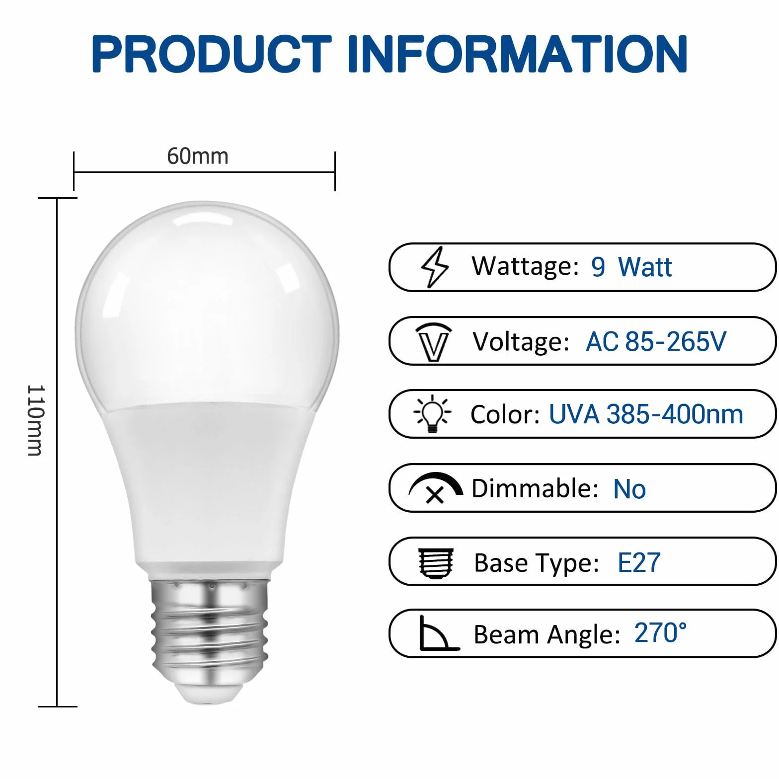 Akynite Żarówka UV LED E27 9W UVA 385-400nm AC 85-265V 270° Czarna Zestaw 2 szt
