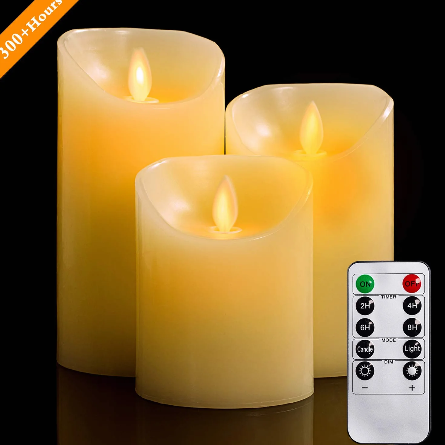 Świece LED bezpłomieniowe 4/5/6" zestaw 3 z prawdziwego wosku z tańczącymi płomieniami i pilotem zdalnego sterowania timer 2/4/6/8h 300h kość słoniowa
