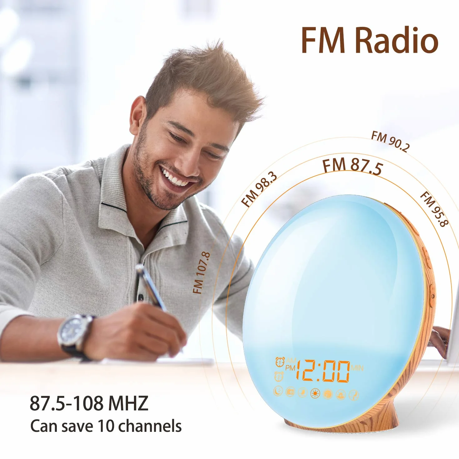 budzik świetlny z funkcją budzika, symulacja wschodu słońca, zachodu słońca, budzik z dwoma alarmami, 20 jasności, 7 naturalnych dźwięków, radio FM, dla dorosłych i dzieci