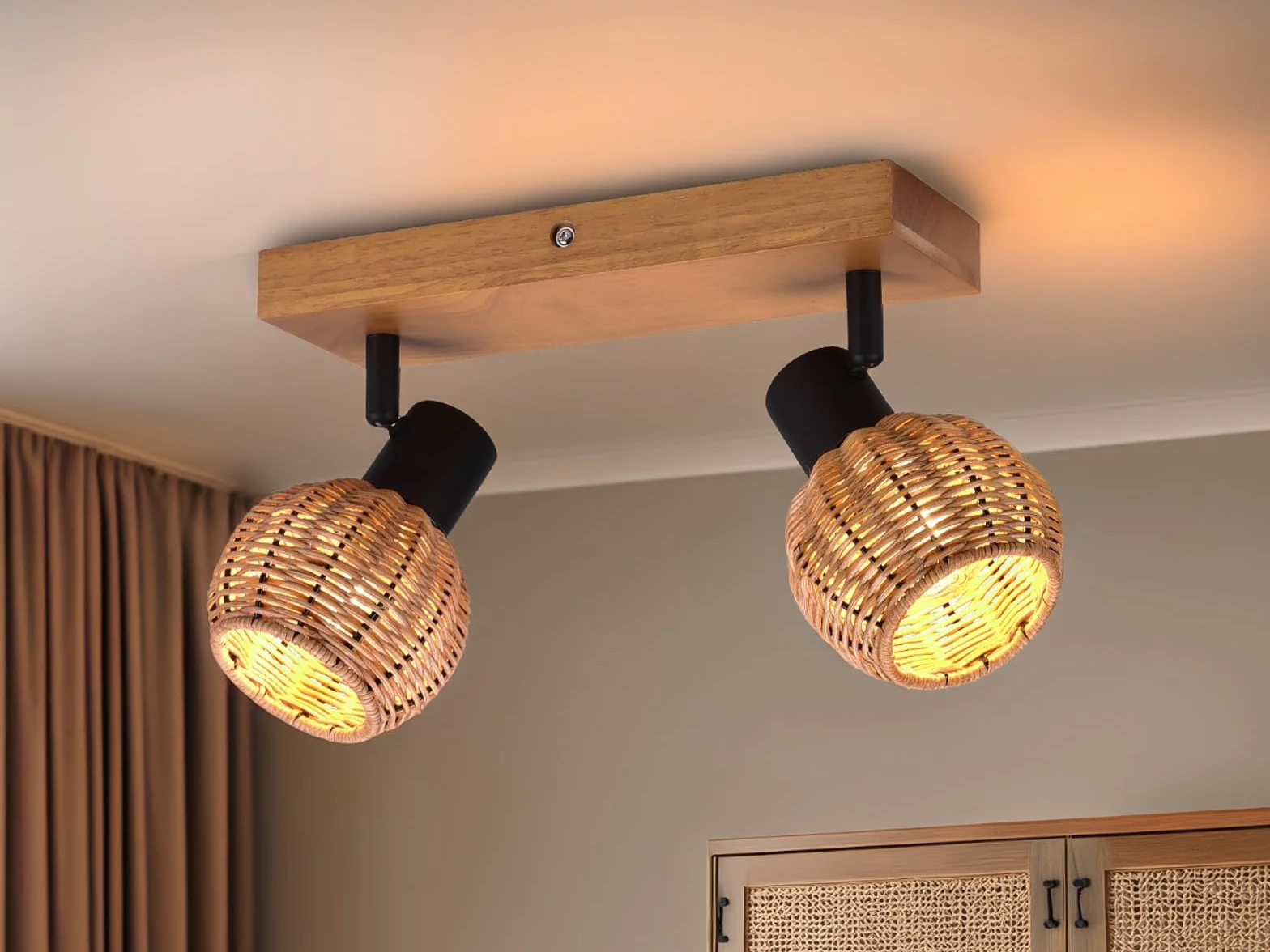 Reflektor sufitowy 2-płomienny Lampa drewniana z abażurami z ratanu naturalnym meineWunschleuchte