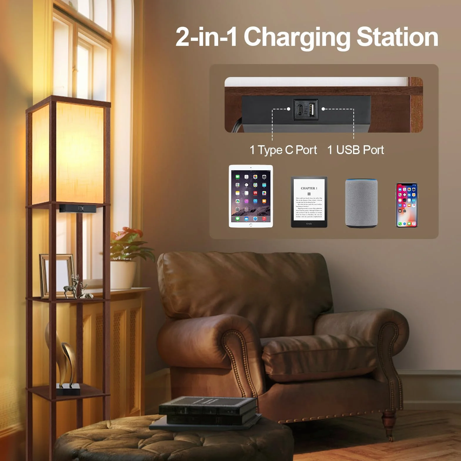 OUTON Lampa podłogowa LED ściemnialna z pilotem, USB i USB-C, 4 temperatury kolorów, timer