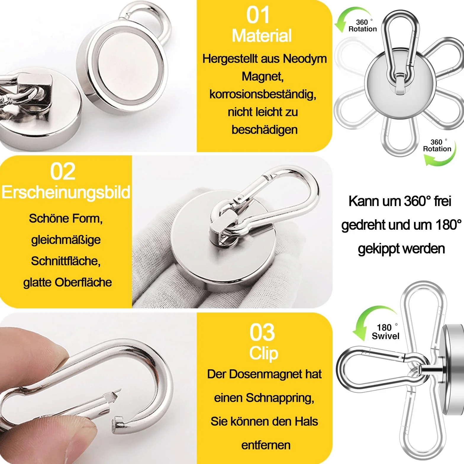 Magnesy neodymowe z haczykami 25 mm 22 kg siły ciągnącej 360°