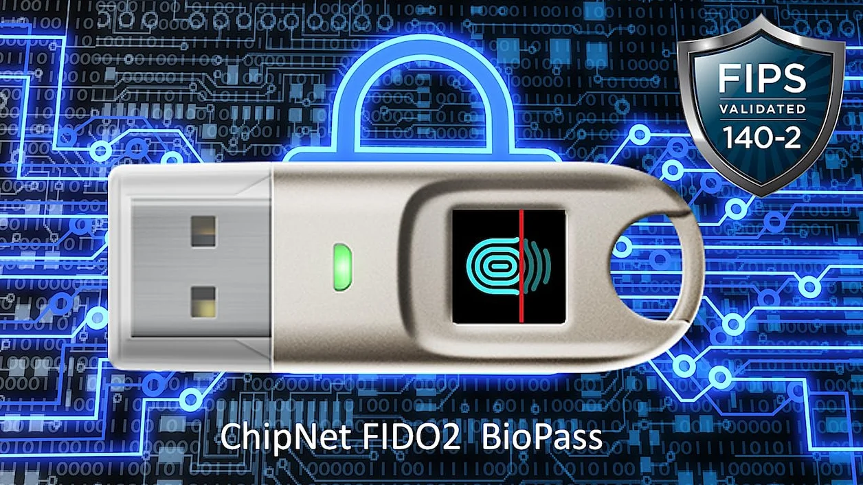 Klucz USB FIDO2 i certyfikat cyfrowy ChipNet FIDO2 ID BioPass, srebrny metaliczny