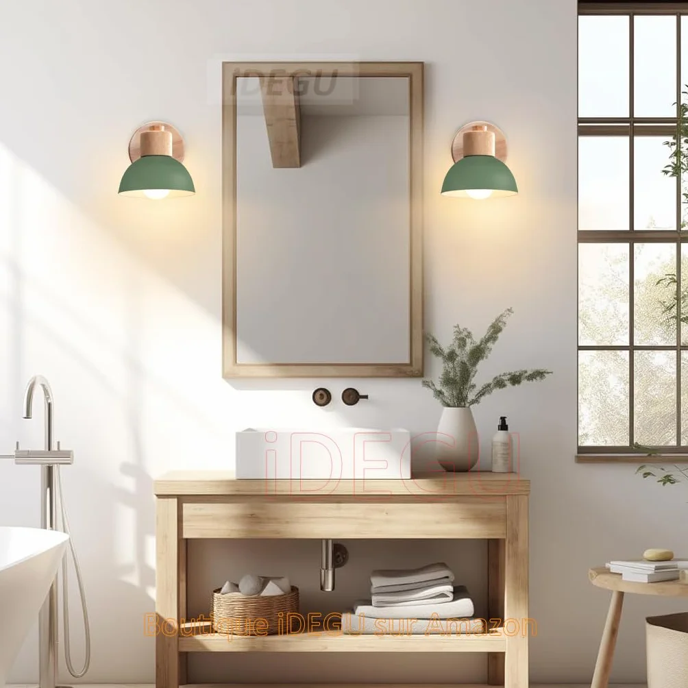 iDEGU 2 sztuki lamp ściennych, nowoczesne światło ścienne z drewna i metalu, półkolisty abażur, E27, regulowana lampa ścienna vintage do sypialni salonu