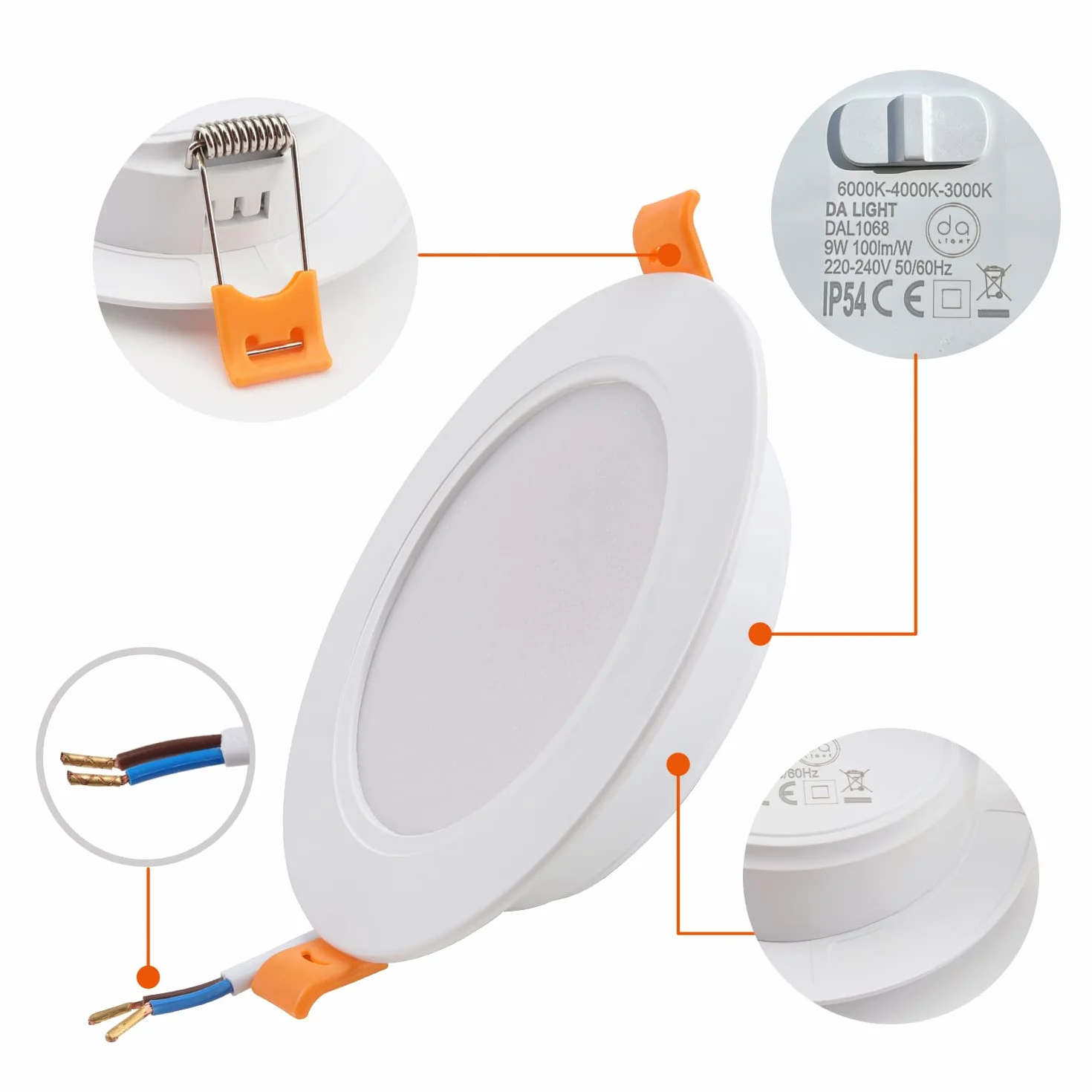 DA LIGHT Wbudowane reflektory LED 230V 9W zestaw 6 sztuk oświetlenie sufitowe IP54 3000/4000/6000K biały