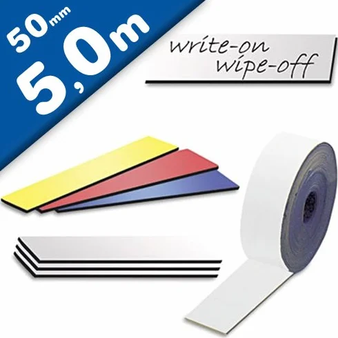 Taśma magnetyczna do etykietowania, kolorowa, do zapisywania/ścierania, szerokość 50 mm – rolka 5 m – do opisywania i oznaczania, magazynu, warsztatu, do białych tablic, flipchartów, prezentacji,