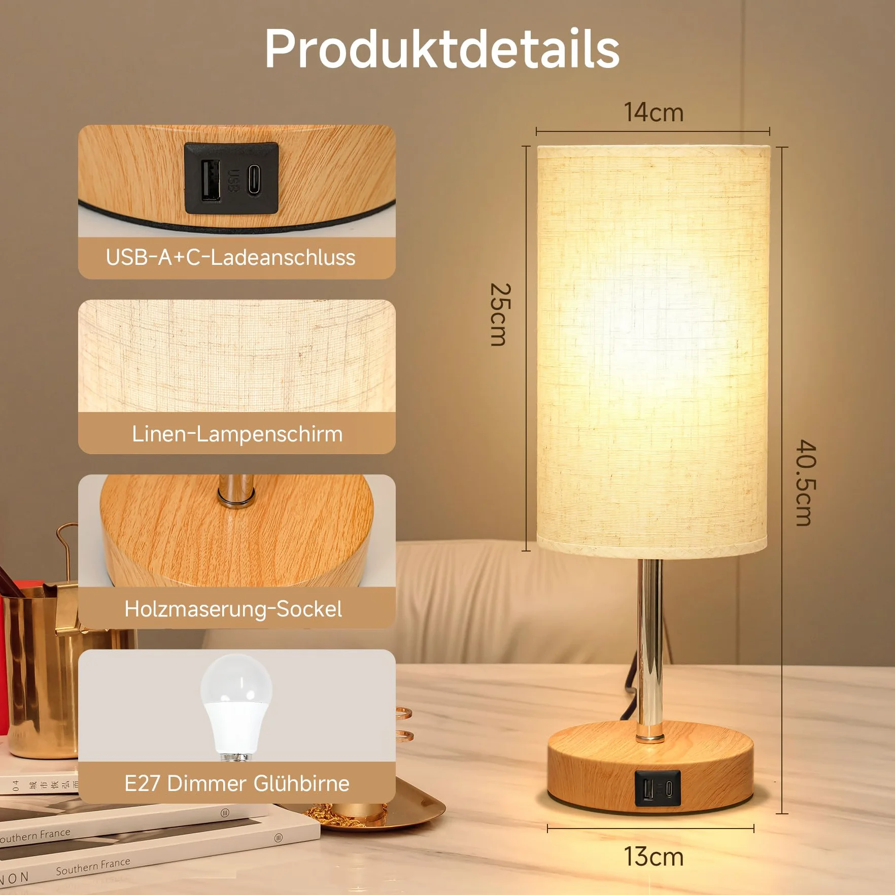 Görvitor Lampka nocna dotykowa ściemniana zestaw 2 sztuk lampa stołowa z portami USB A/C abażur lniany 3 poziomy jasności