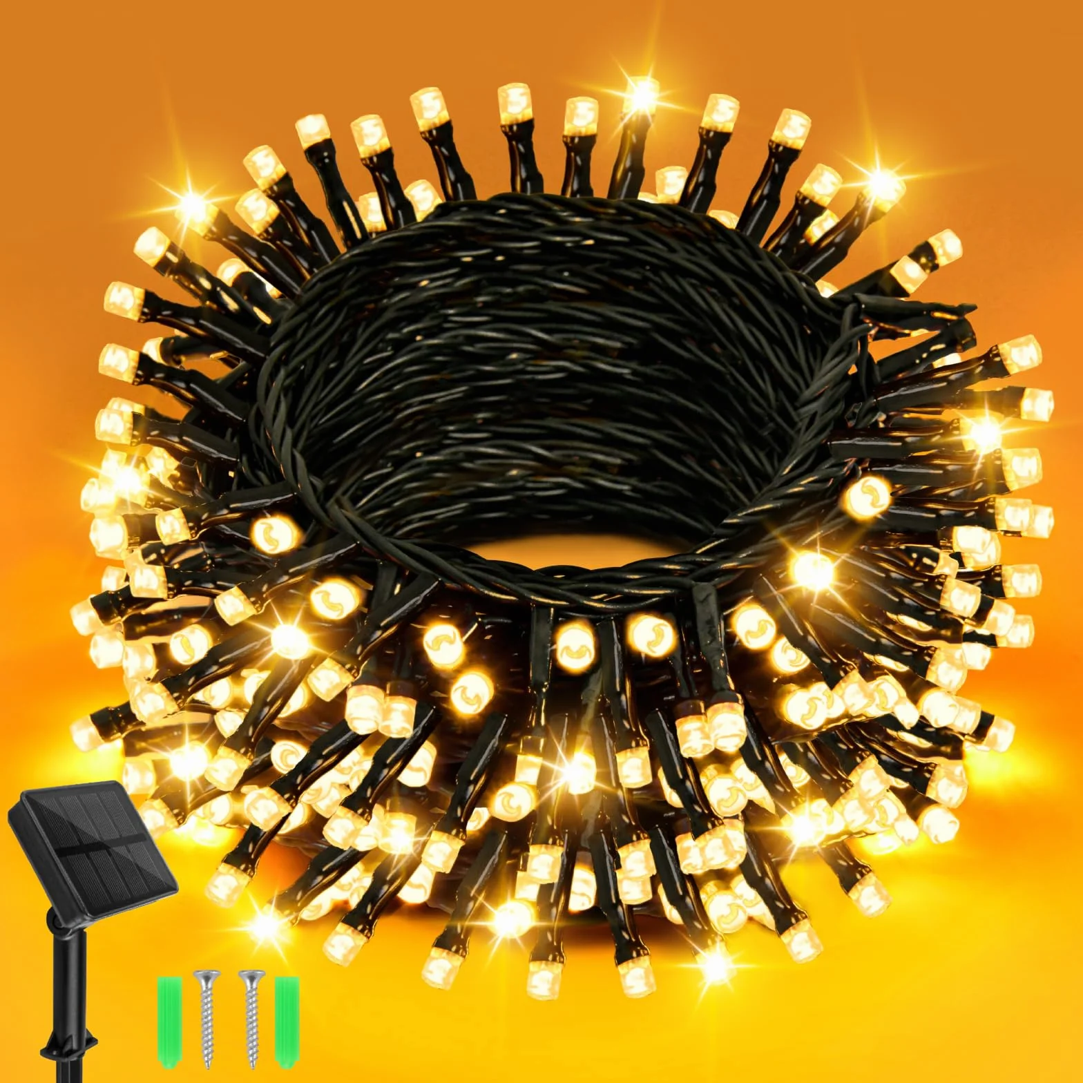 Dalugo Solarny łańcuch świetlny do użytku na zewnątrz 5 m, 50 diod LED, ciepła biel, 8 trybów pracy, IP65, wodoszczelny, solarny łańcuch świetlny na zewnątrz, odporny na warunki atmosferyczne, do