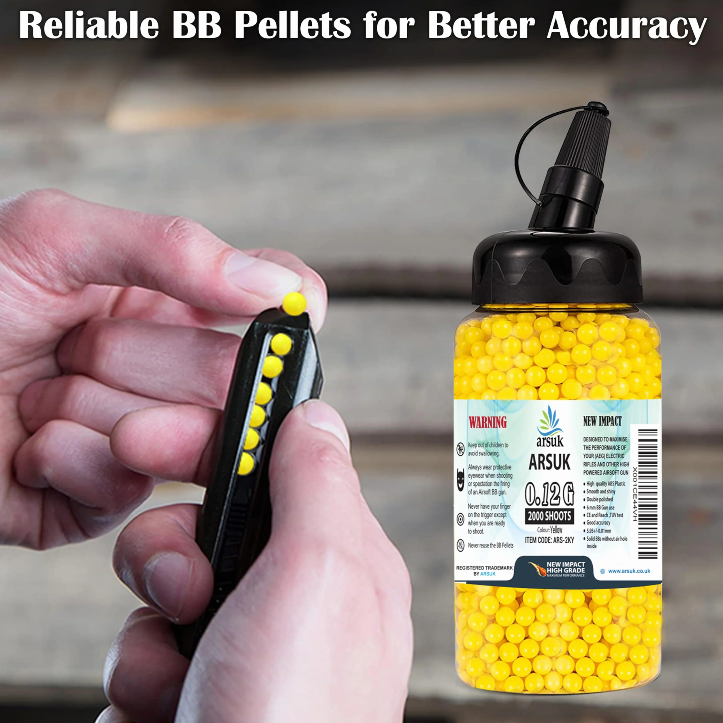 ARSUK Softair BB Pellets 6 mm BB's 0.20g Hoog Cijfer en Zacht Gepolijst Plastic Paintballen Inhoud 1000, 2000,5000,10000 Rondes (Żółty: 2000 trafień)