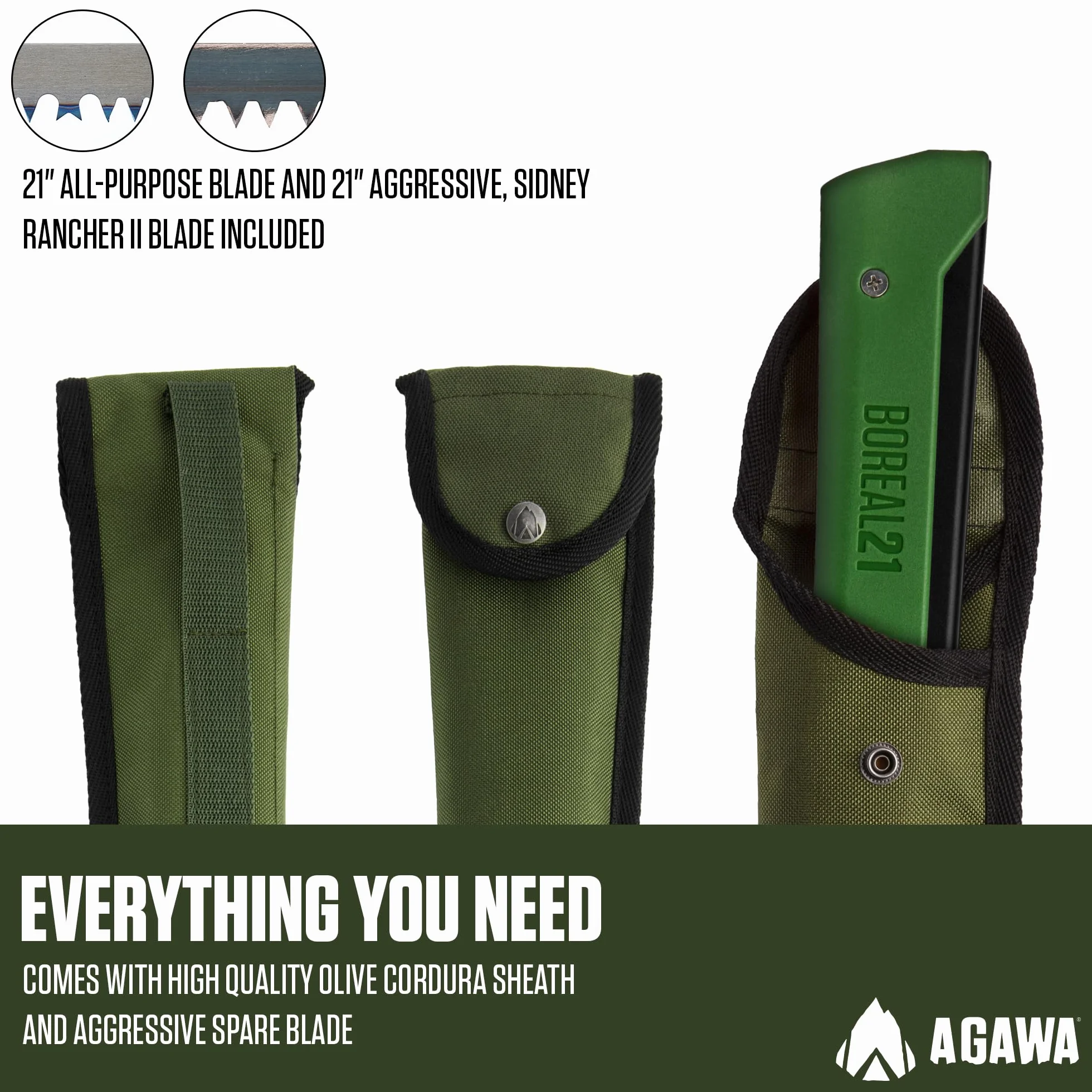 AGAWA BOREAL21 Tripper KIT 21 inch Folding Bow Saw, Rugged Cordura Sheath, Additional Aggressive Blade (Black Frame - Green Handle)