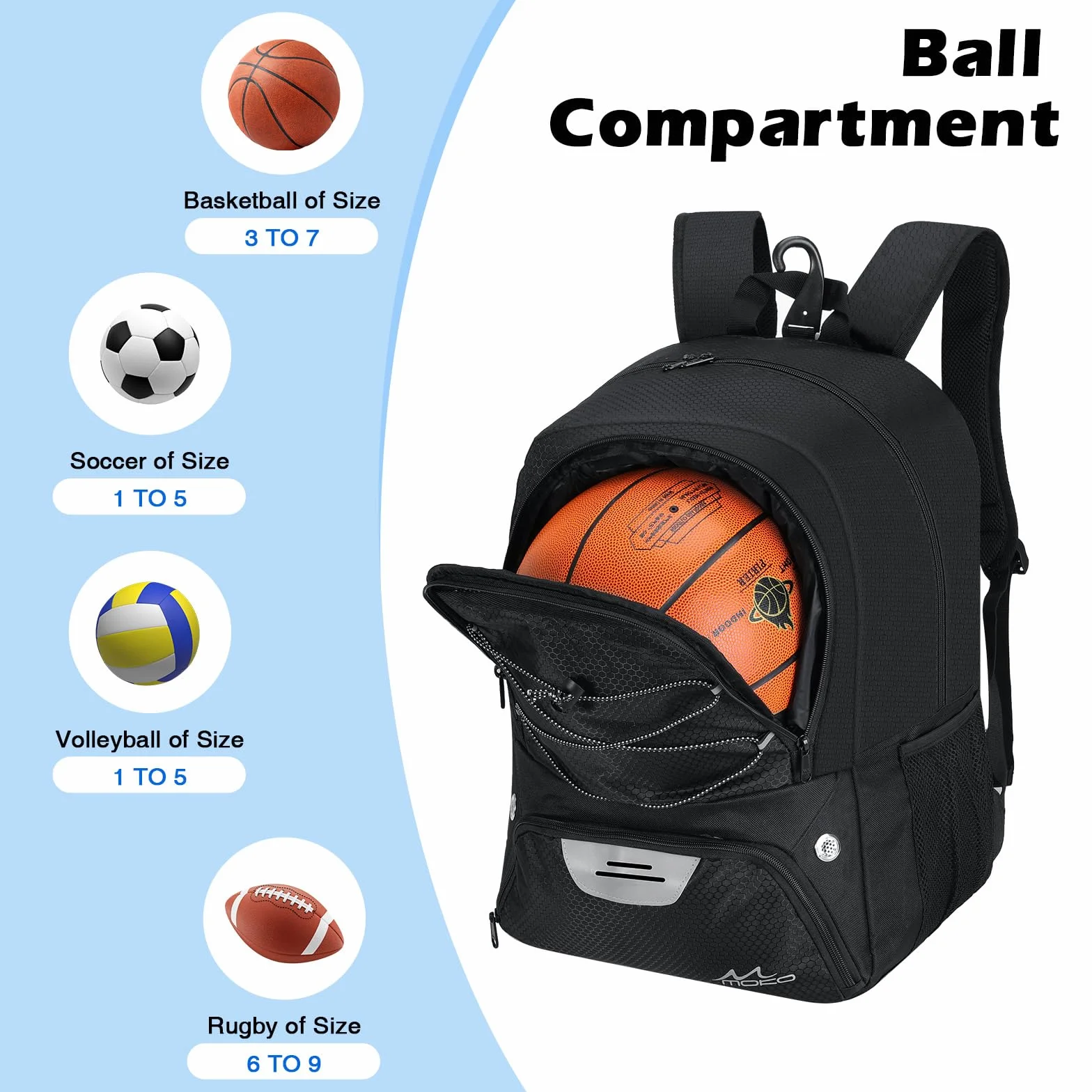 MoKo Basketball Bag Backpack, Football Backpack with Separate Ventilated Shoes & Ball Compartments, Water-Resistant, Black, 18.90 x 13.39 x 8.27 inches