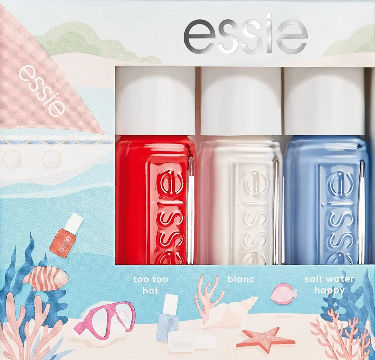 Essie Zestaw lakierów do paznokci Under the Sea, 3 mini lakiery do paznokci, błyszczące wykończenie i długotrwałe, Odcienie: Under the Sea