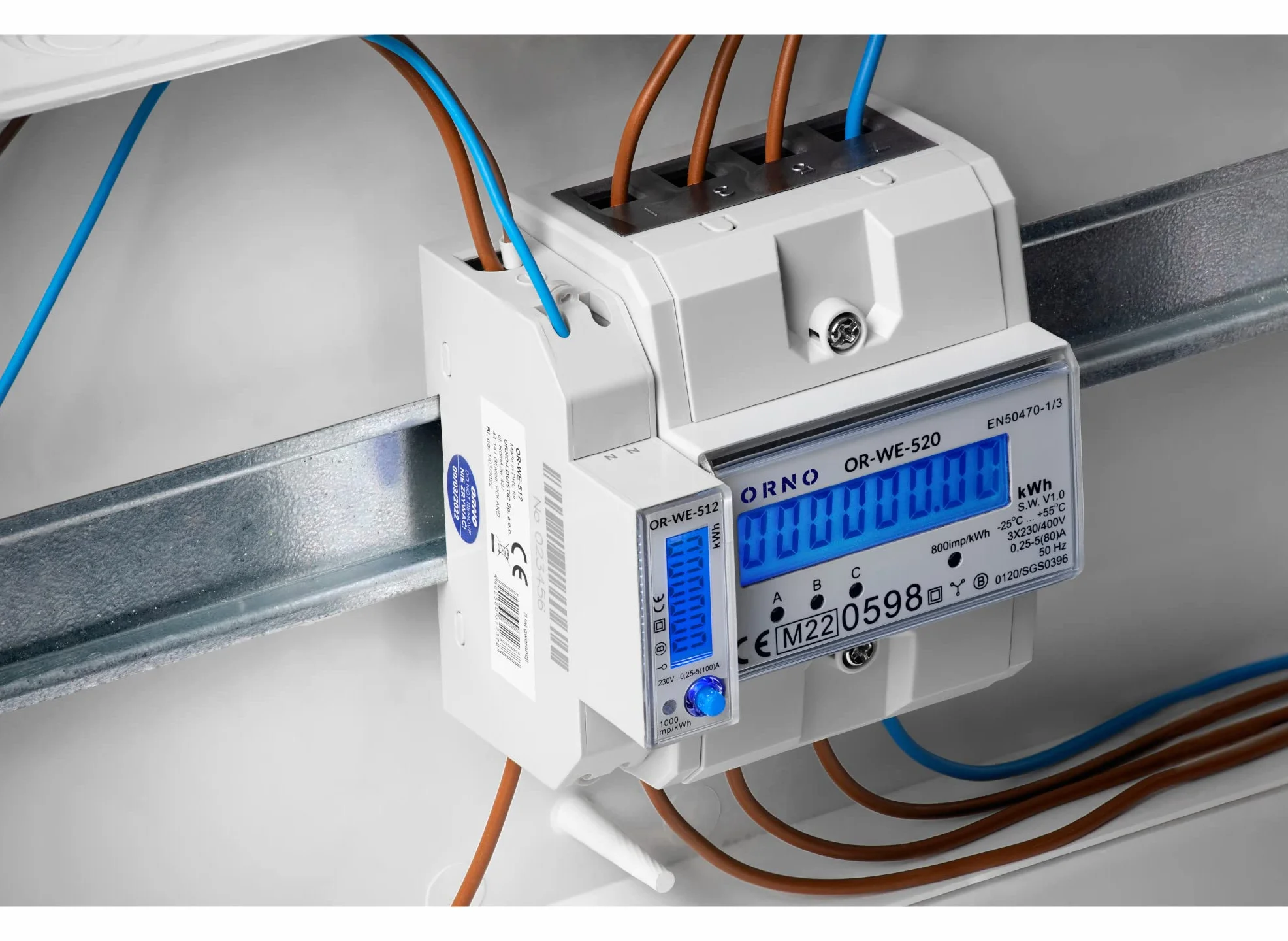 ORNO OR-WE-517 multitarif dwudrożny licznik prądu, szyna montażowa 3-fazowy, 0,25 A - 80 A, 3 x 230 V/400 V