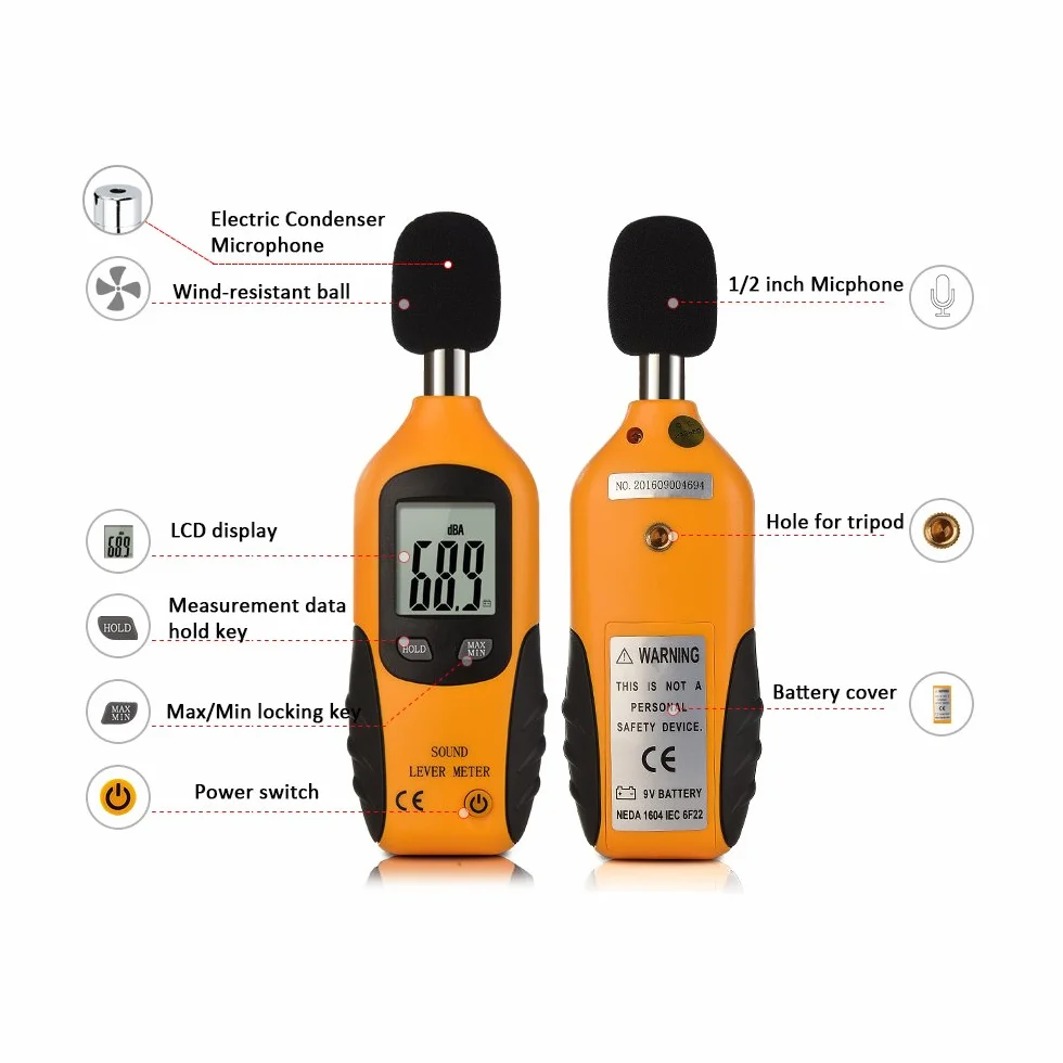 Mengshen Cyfrowy miernik poziomu dźwięku 30-130 dB z wyświetlaczem LCD, ręczny miernik szumów audio