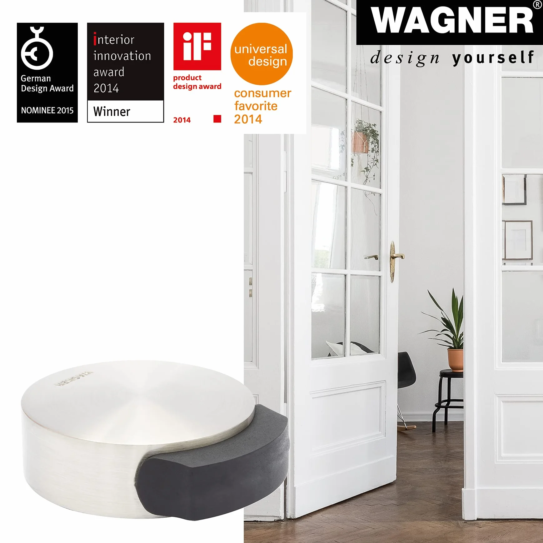 WAGNER Designerski stoper podłogowy do drzwi SCREW OR GLUE/wkręty lub klejone - średnica Ø 50 x 55 x 17 mm, szczotkowany metal, wygląd stali nierdzewnej, kauczuk termoplastyczny, cena designu -