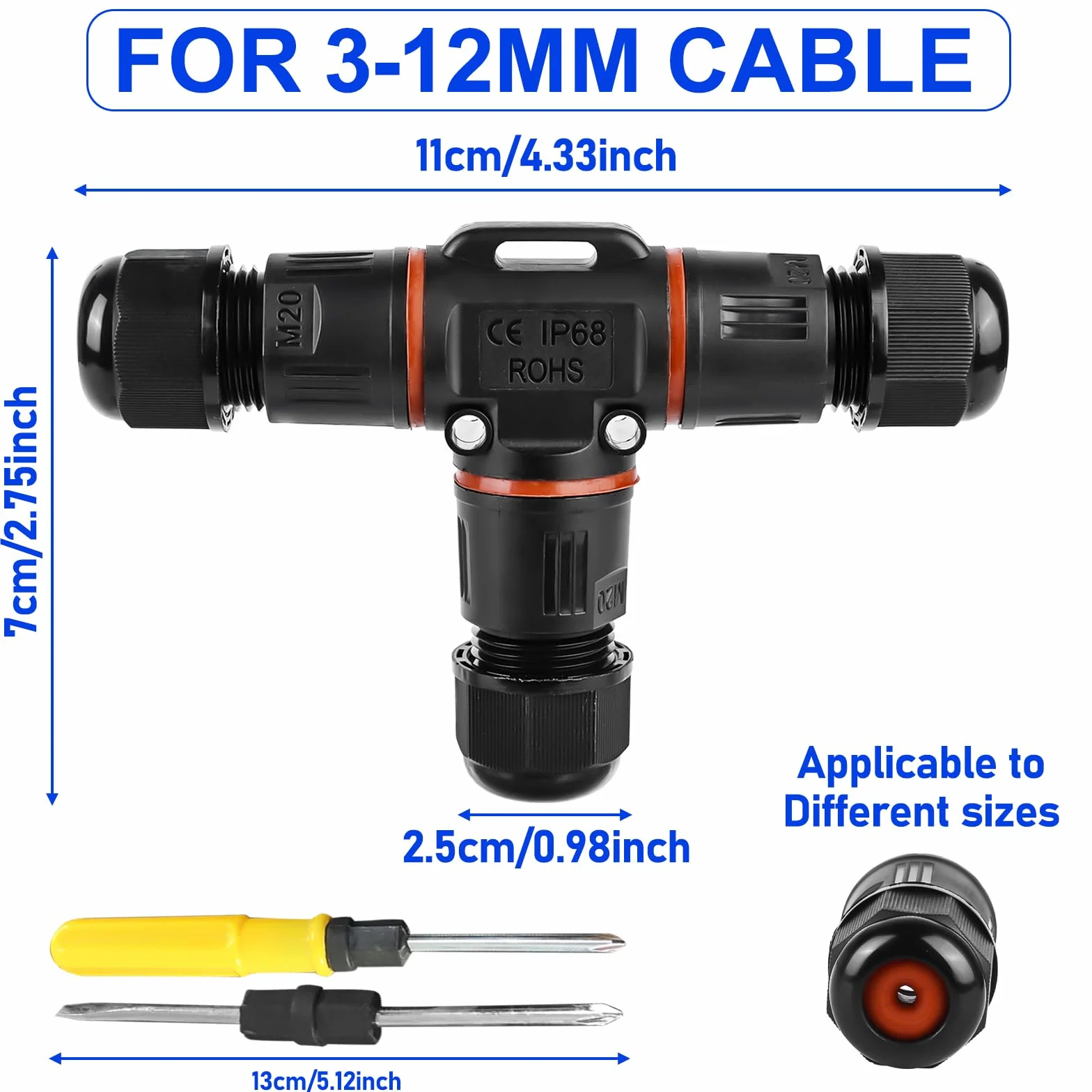 Złącze kablowe IP68 3-biegunowe T 2-drożne 3-12 mm