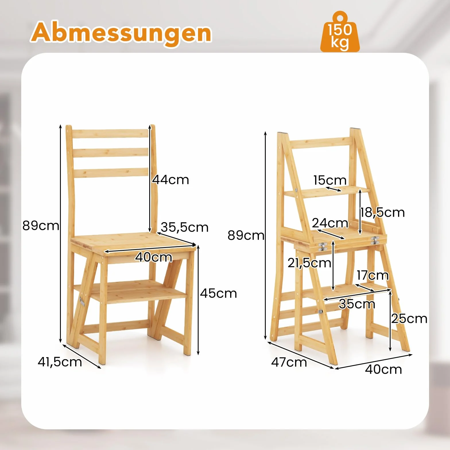 COSTWAY 3 w 1 Bambusowy Taboret Drabinkowy Składany 150 kg