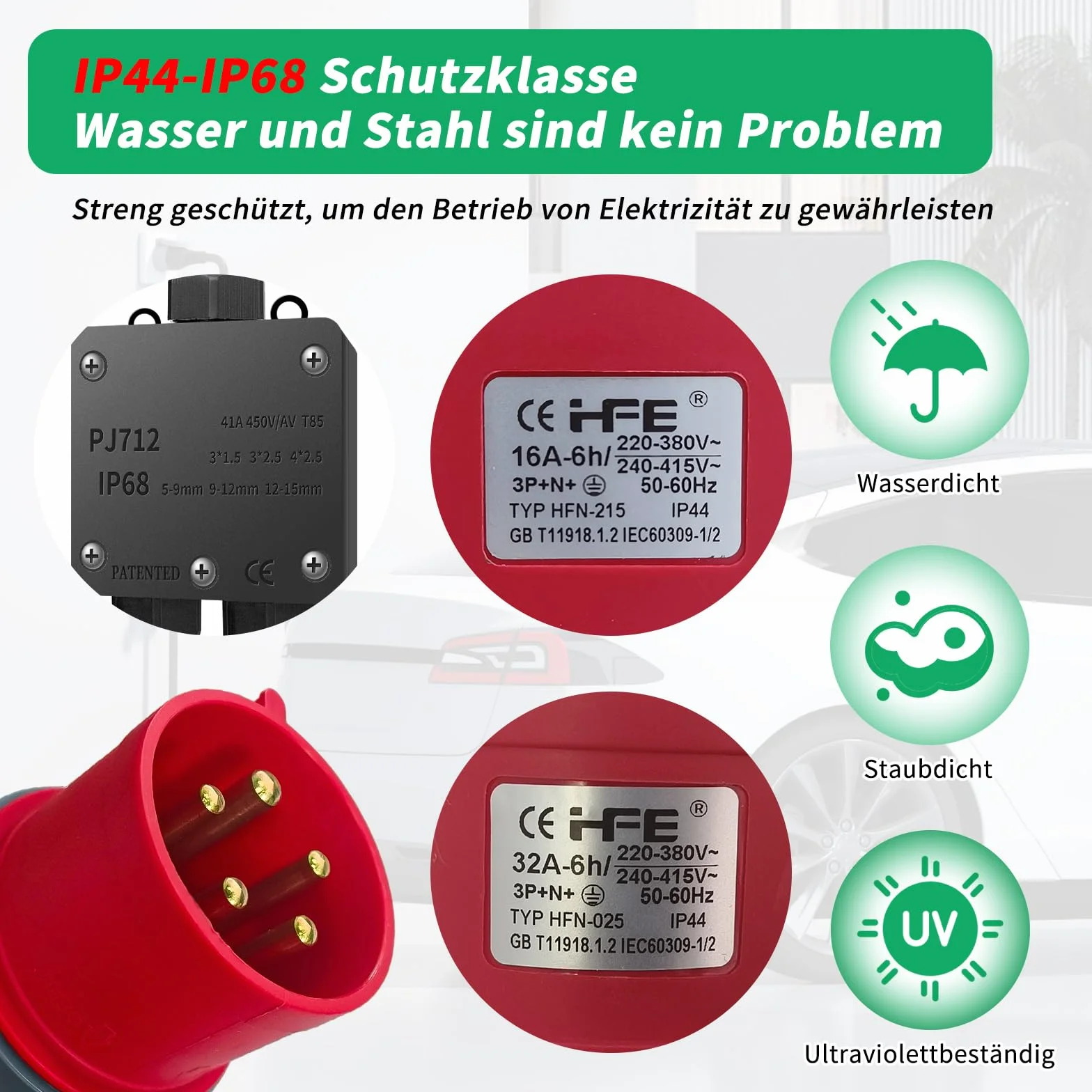 Adapter CEE 32 A na 16 A, 2 x gniazdo CEE 230 V 16 A, 5-biegunowy, przedłużacz IP44-68, rozdzielacz prądu 1,5 m