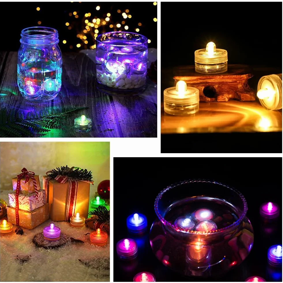 Zatapialne mini lampki LED, 12 sztuk mini świec zatapialnych LED, wodoszczelność IP68, możliwość wymiany wielu kolorów, wodoszczelność na baterie, do stawu, na imprezę, wesele, basen, do ogrodu