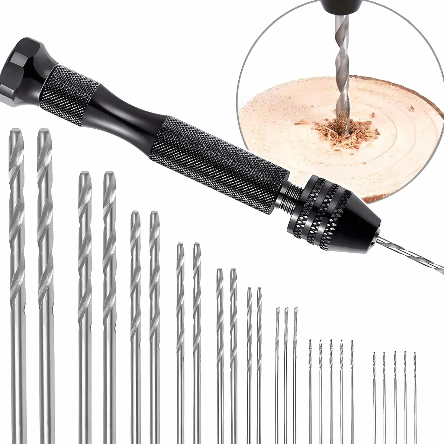 Mini wiertarka ręczna HSS 0,5-3 mm 25 wierteł antypoślizgowy korpus uchwyt 3 szczęki DIY