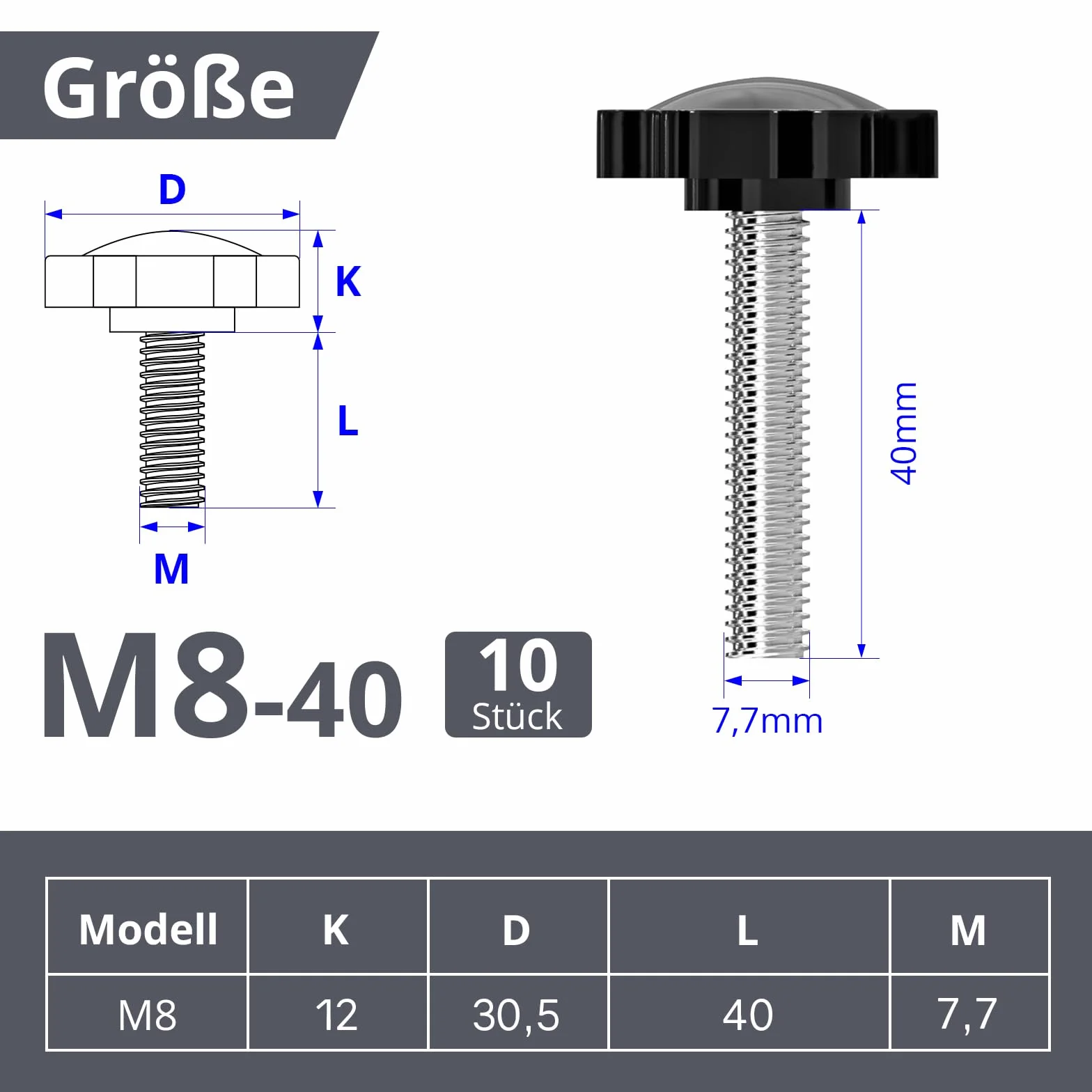 ORTAVA śruby z uchwytem gwiazdowym M8 x 40 mm, nakrętka uchwytu, przycisk zaciskowy do obrabiarki