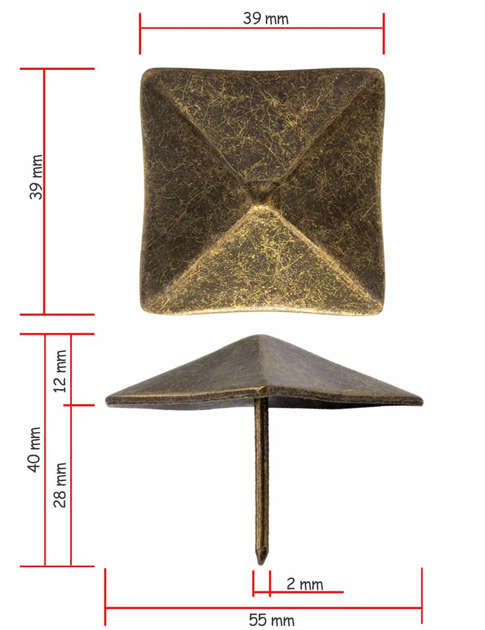 Gwoździe ozdobne mosiężne antyczny wygląd 40 x 40 mm 10 sztuk