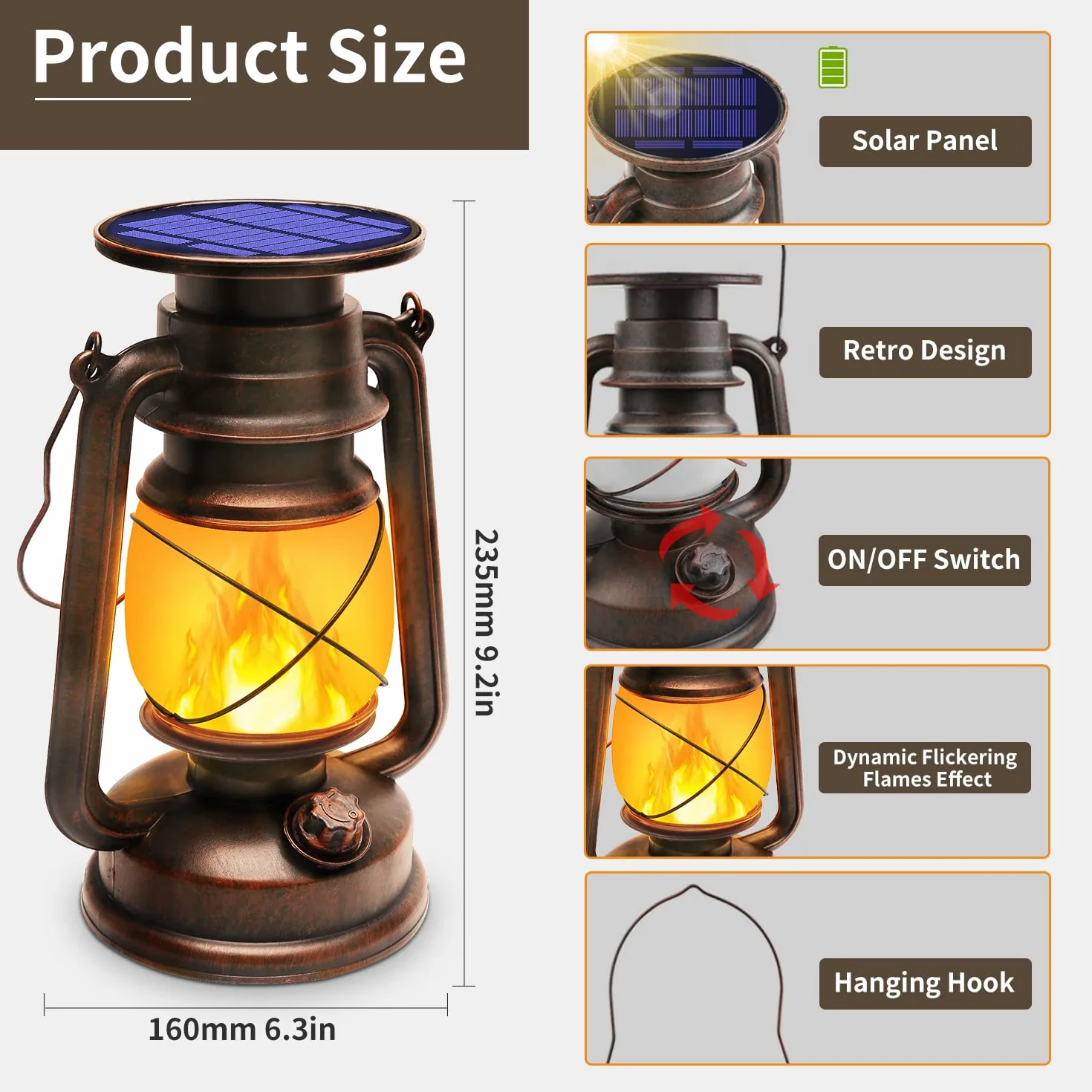 Shinmax Latarnia do użytku na zewnątrz, w stylu retro, 2 sztuki, efekt płomienia, lampa solarna do użytku na zewnątrz, wisząca latarnia, odporna na warunki atmosferyczne, na kemping (solarna)