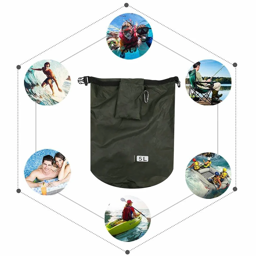 Alomejor PVC Outdoor składana wodoszczelna torba do przechowywania na kemping, wędrówki, plażę, z klamrą do wspinaczki górskiej, Nadruk w kolorze zielonym, 5 l