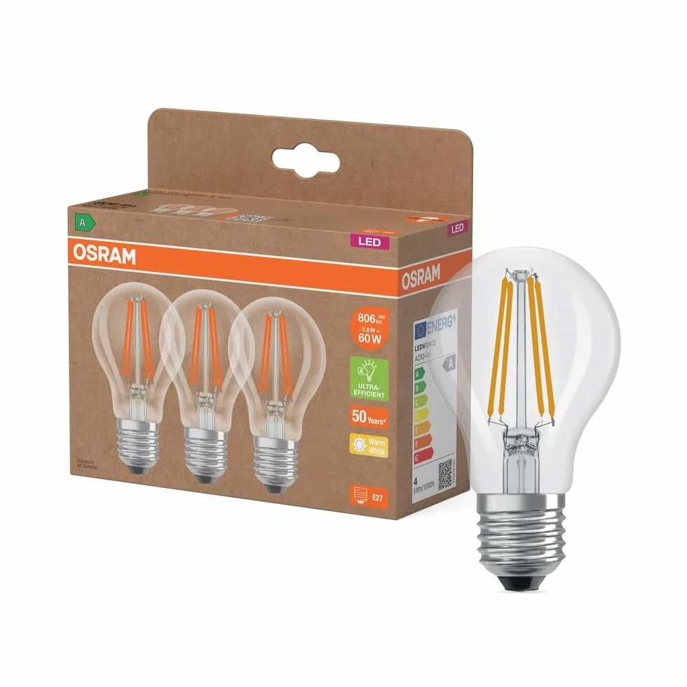 OSRAM Zestaw 3 żarówek LED E27 2700K ciepła biel filamentowe 60W zastępcze