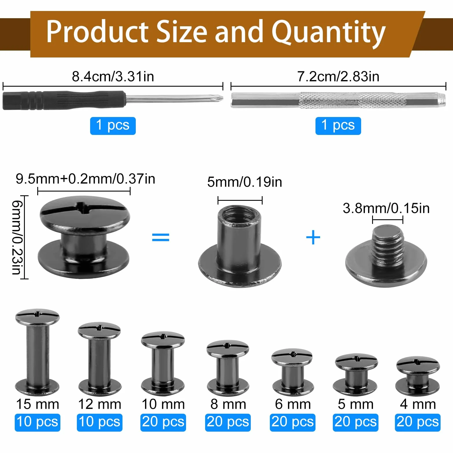 Śruby Chicago M5 X 4-15 mm, 120 sztuk, stal węglowa czarny nikiel, śruby tulejkowe do skóry DIY