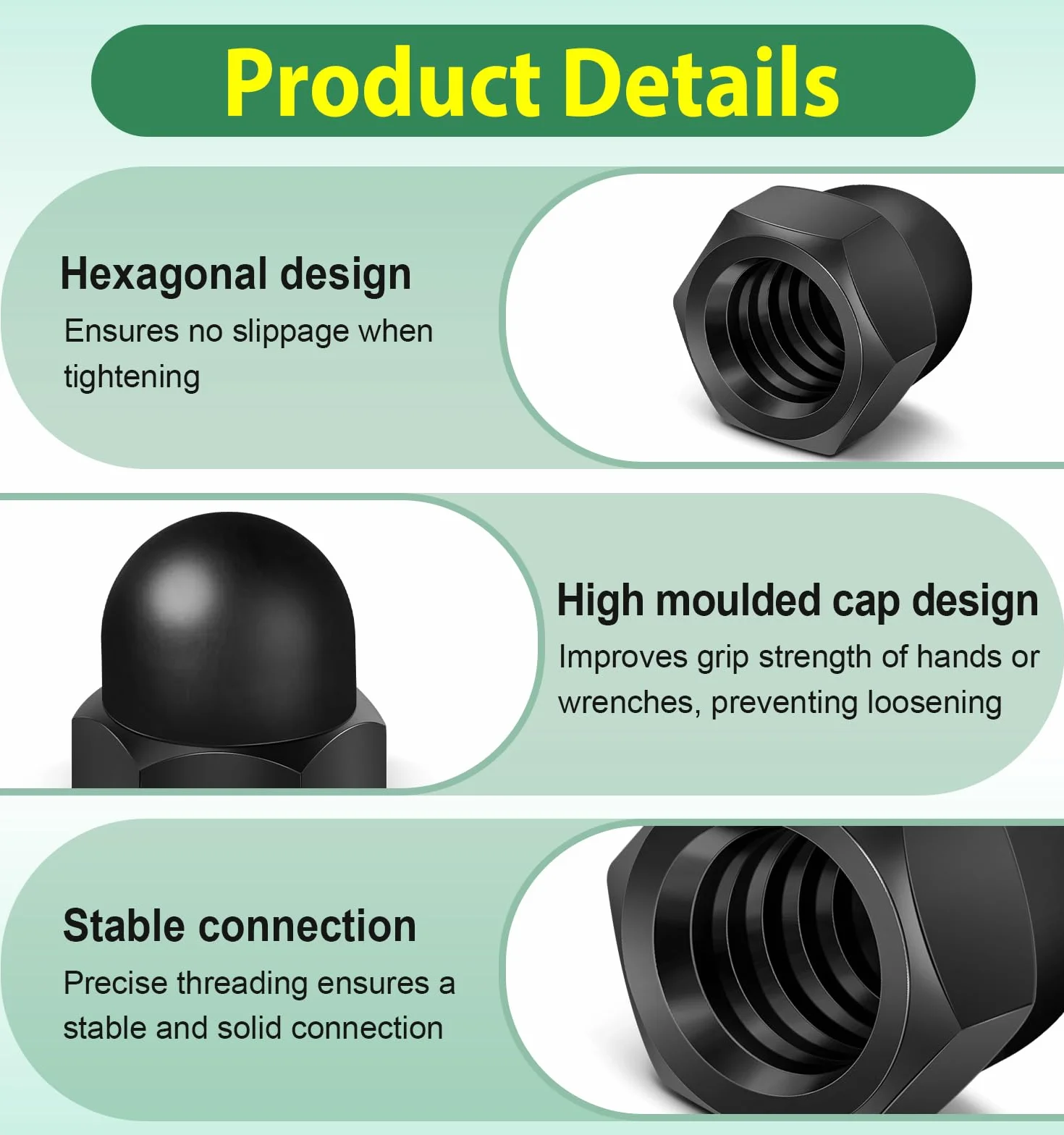 Nakrętki do kapelusza M6 czarne ze stali nierdzewnej, nakrętki sześciokątne nasadkowe