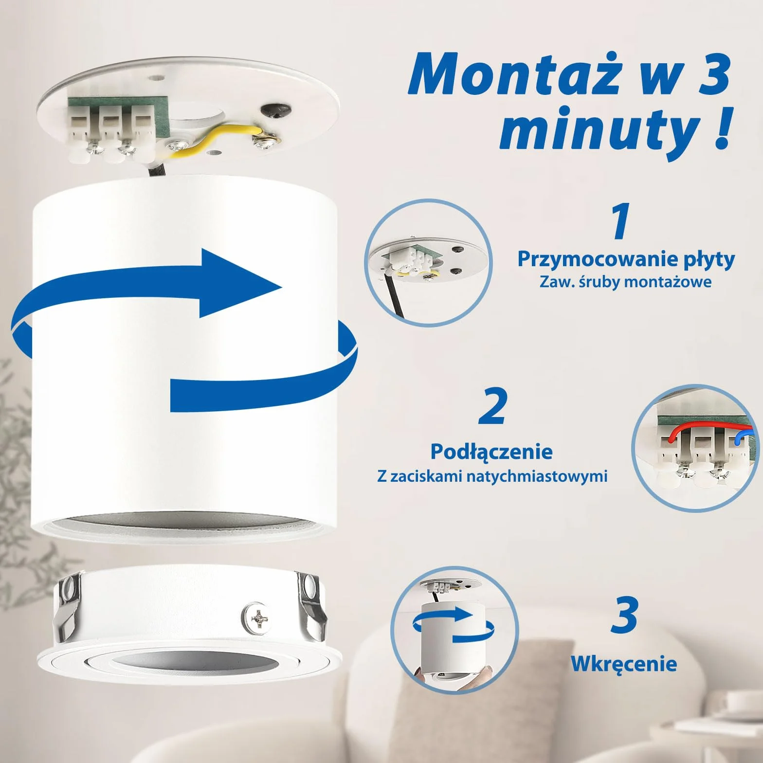 6 Sztuk Natynkowe Reflektory LED GU10, Obrotowe Punkty Świetlne Sufitowe Biały Aluminium, Oświetlenie Łazienka Kuchnia Przedpokój Salon, Plafon Reflektor Stropowy (Bez Żarówki)