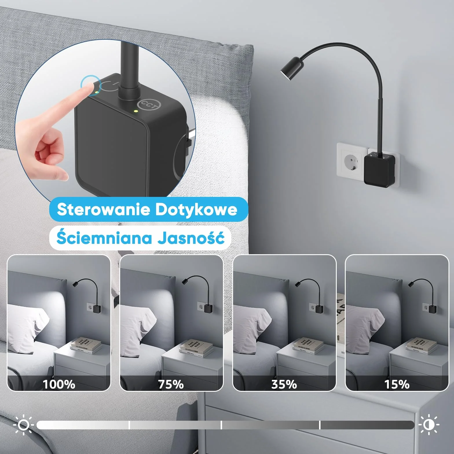 Lampka Nocna LED do Czytania Ściemnialna Kinkiet Ścienny Czarny 3 Tryby Kolorów 50°