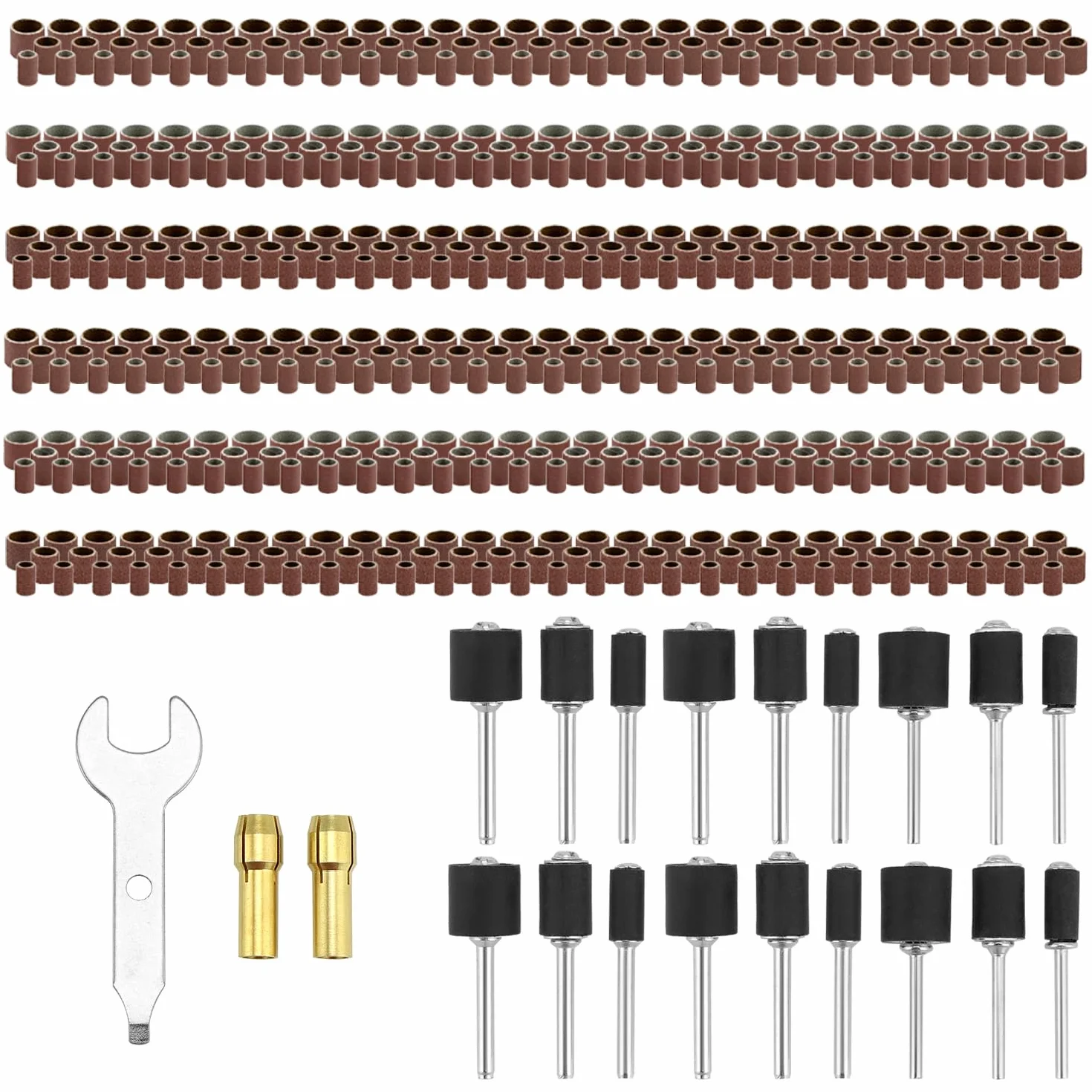 QWORK Zestaw 531 sztuk bębnów szlifierskich do narzędzi obrotowych ziarnistość 80-600 trzpienie 6,35 mm/9,5 mm/12,7 mm