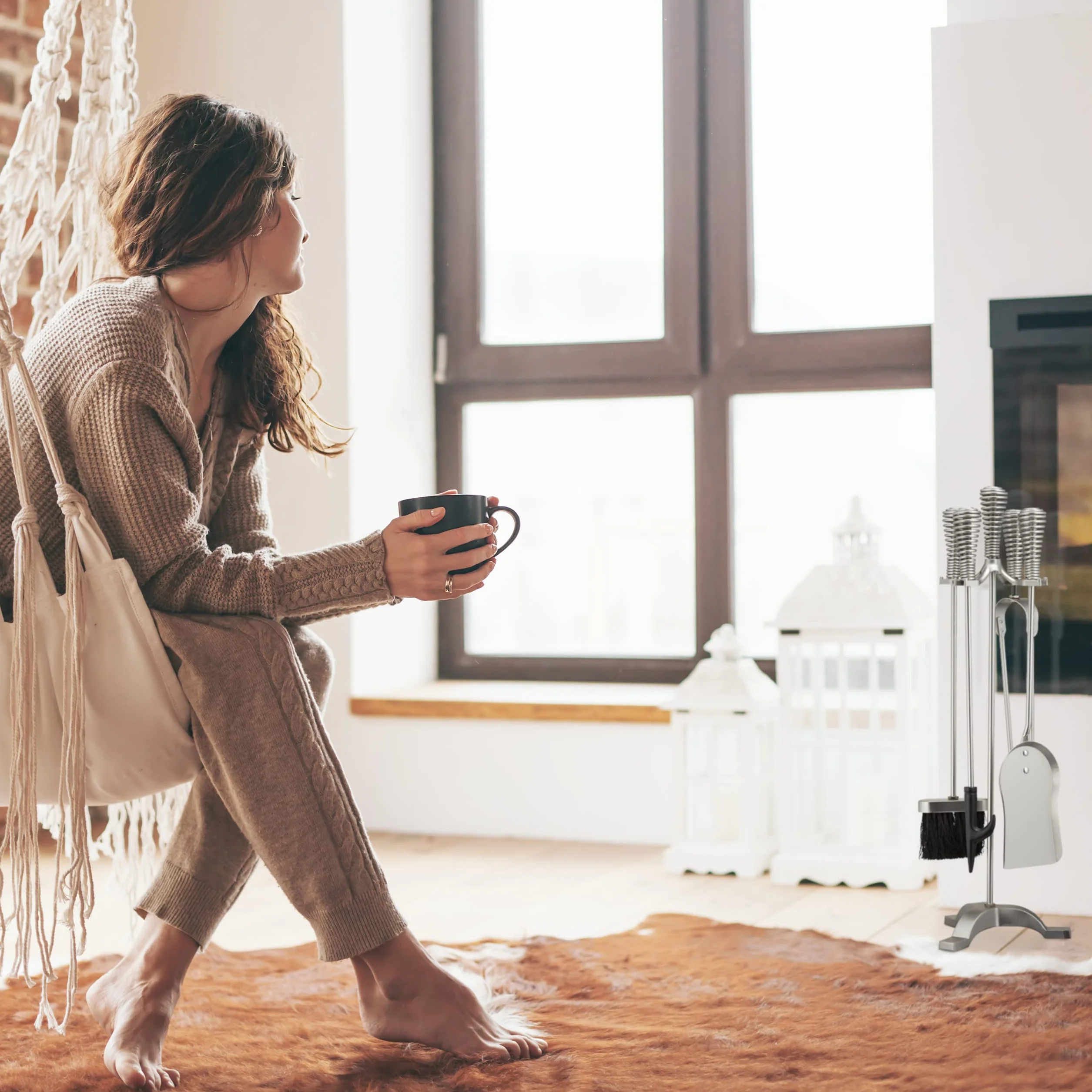 Relaxdays Sztućce kominkowe, 5-częściowy zestaw, pogrzebacz, szufelka do popiołu, miotła, szczypce i stojak, zestaw kominkowy, stal, srebrny